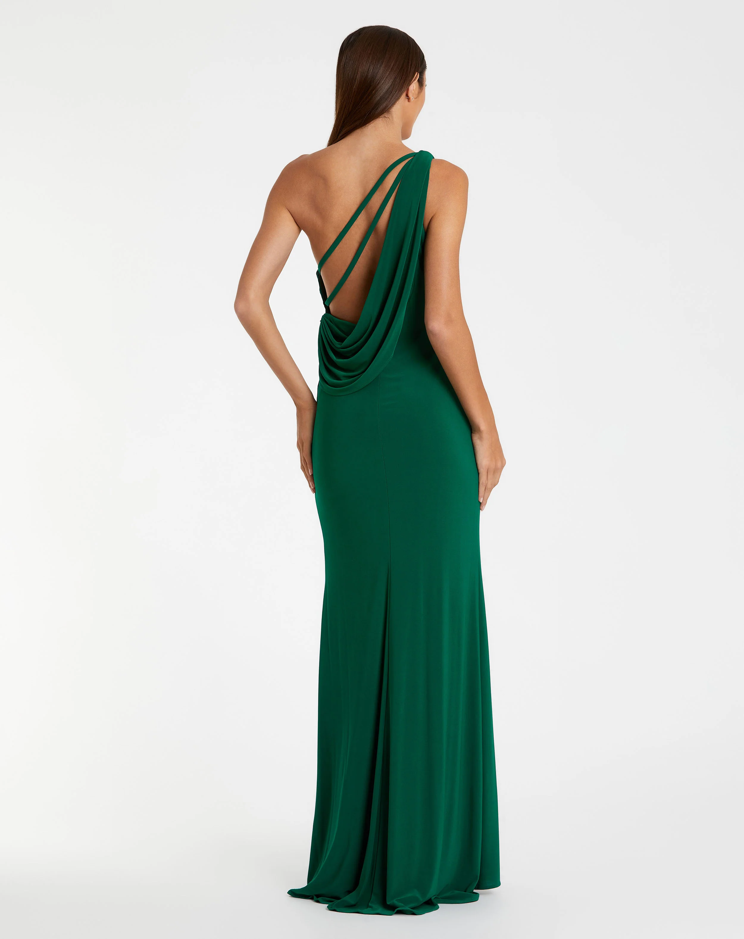 Green Jersey One Shoulder Draped Back Gown