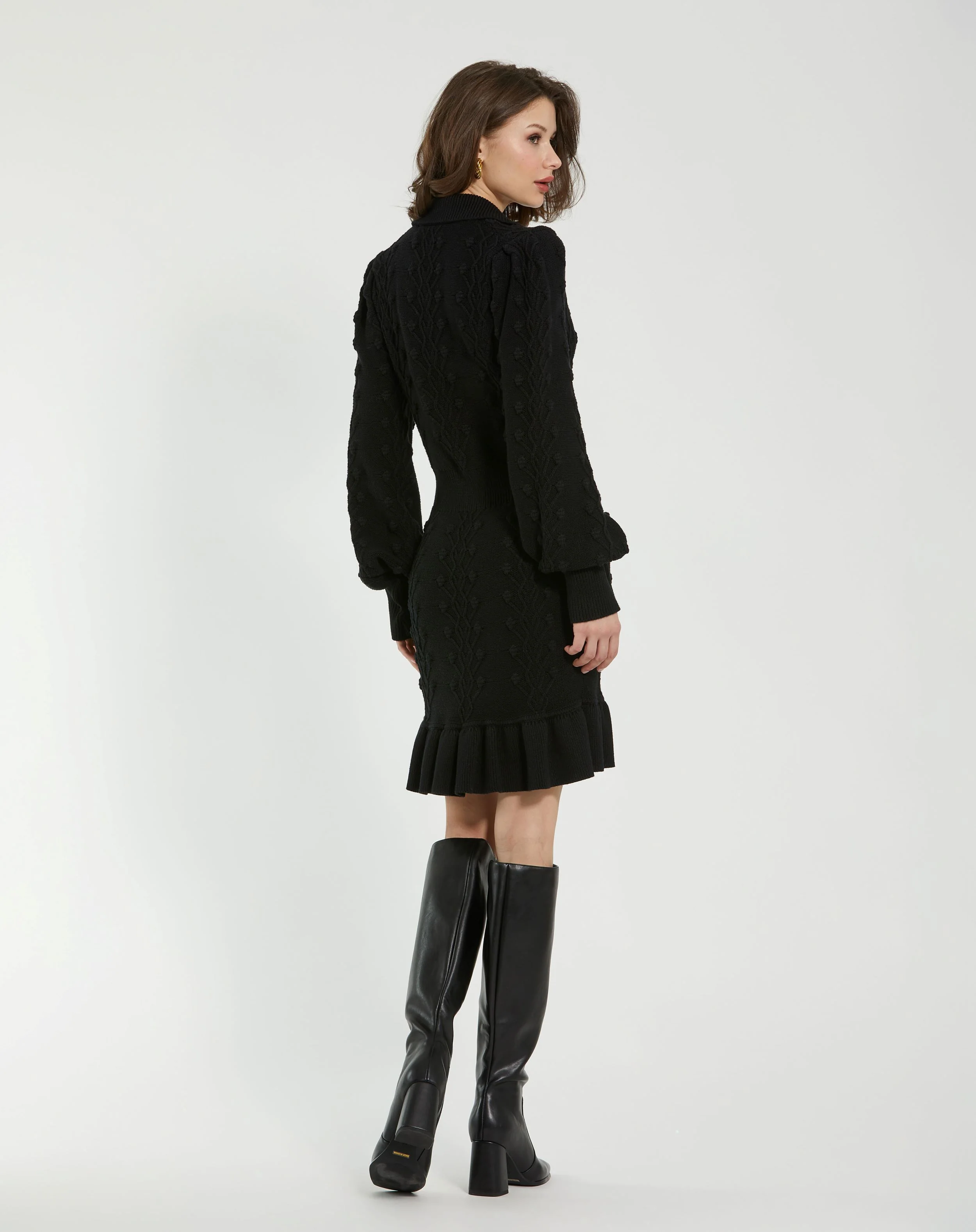 Black Long Sleeve Button Up Collared Bobble Knit Sweater Dress