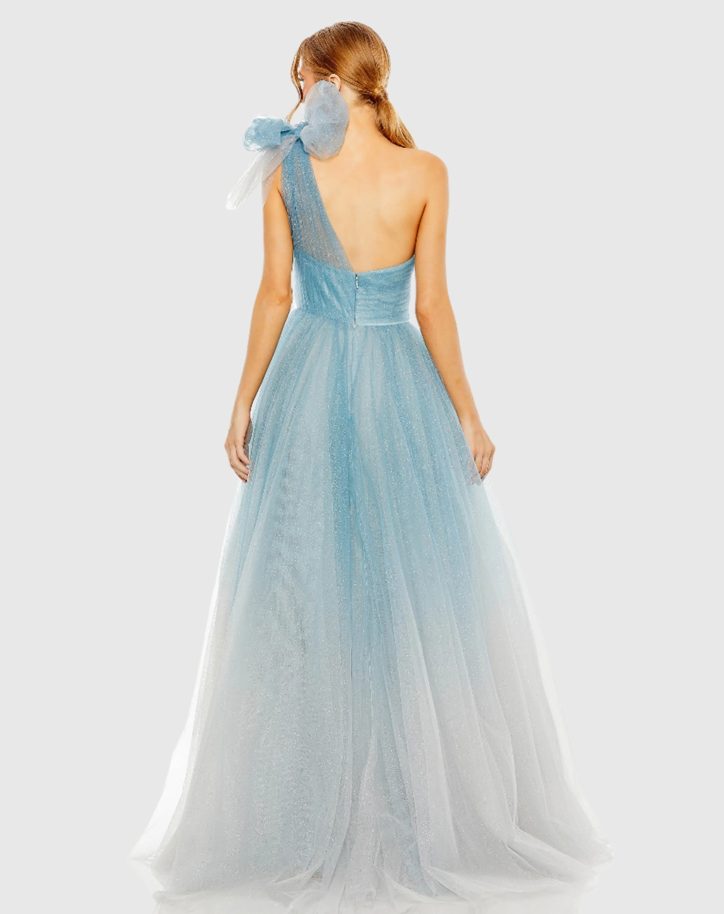 Glitter One-Shoulder Ombre Gown with Bow
