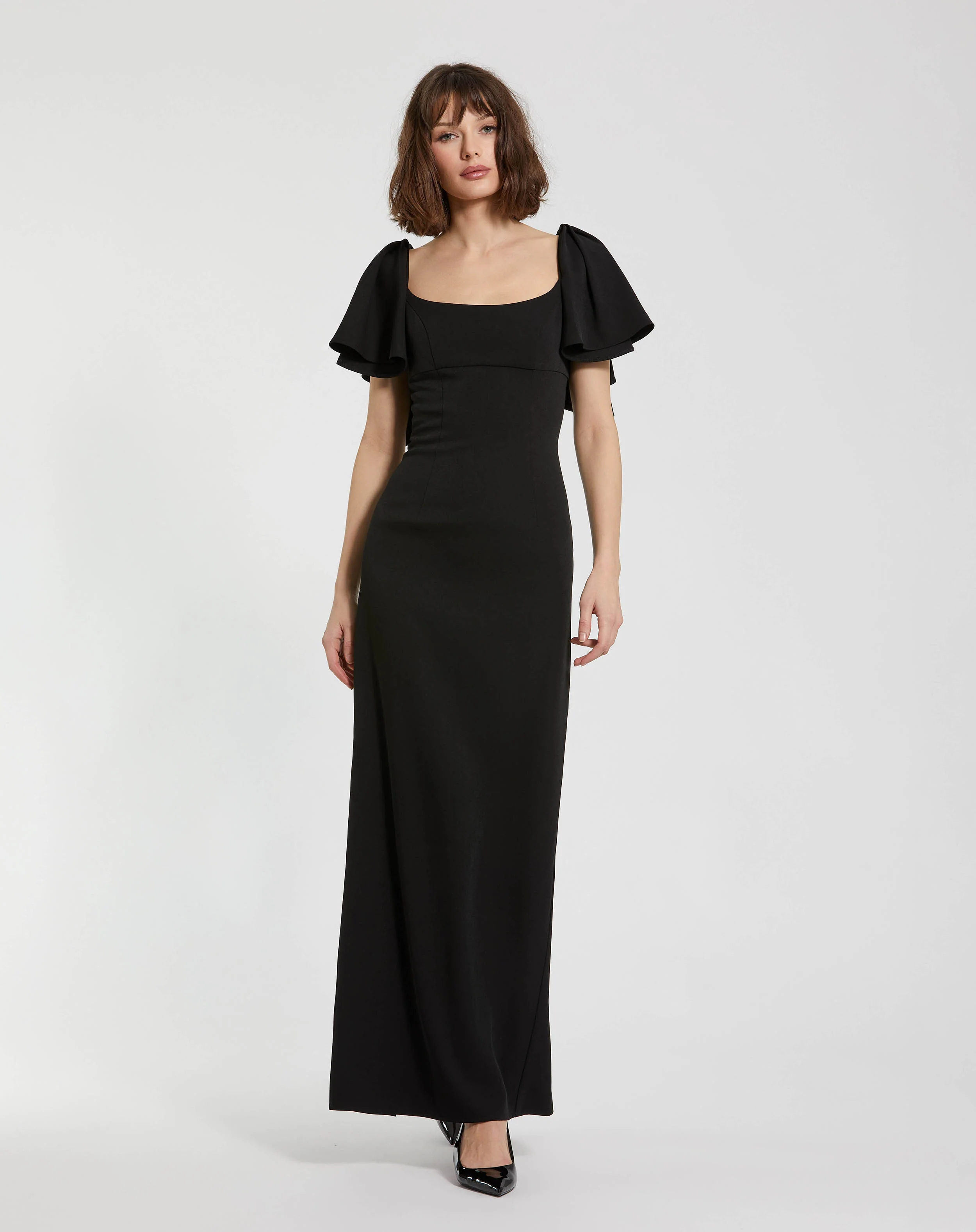 Black Crepe Fitted Long Dress With Short Ruffle Sleeves