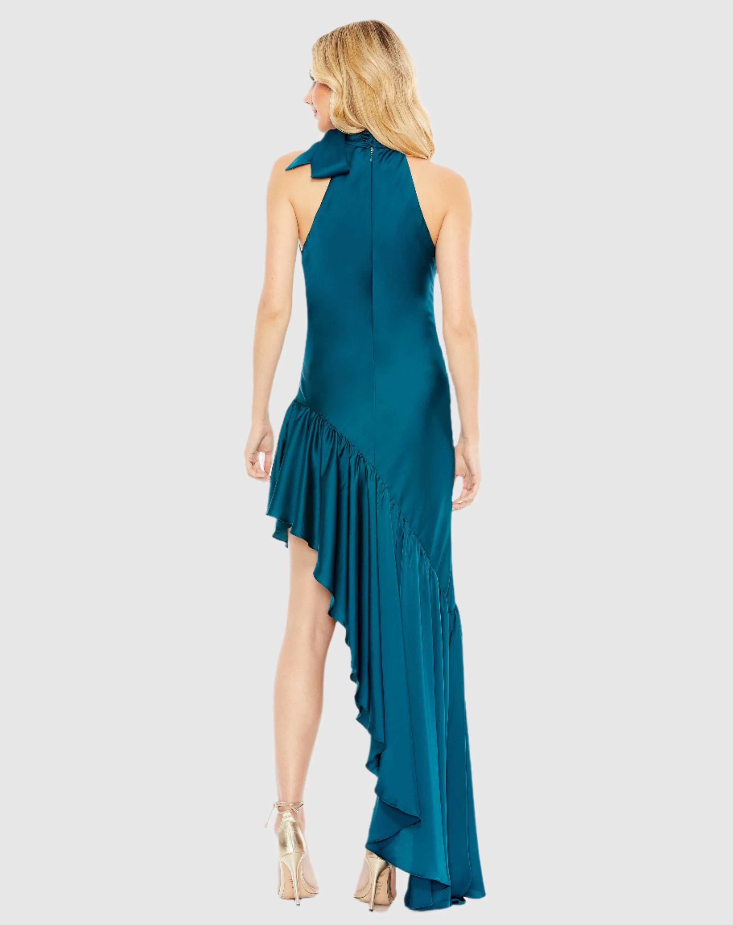 Teal Halter Neck Ruffled Asymmetrical Gown