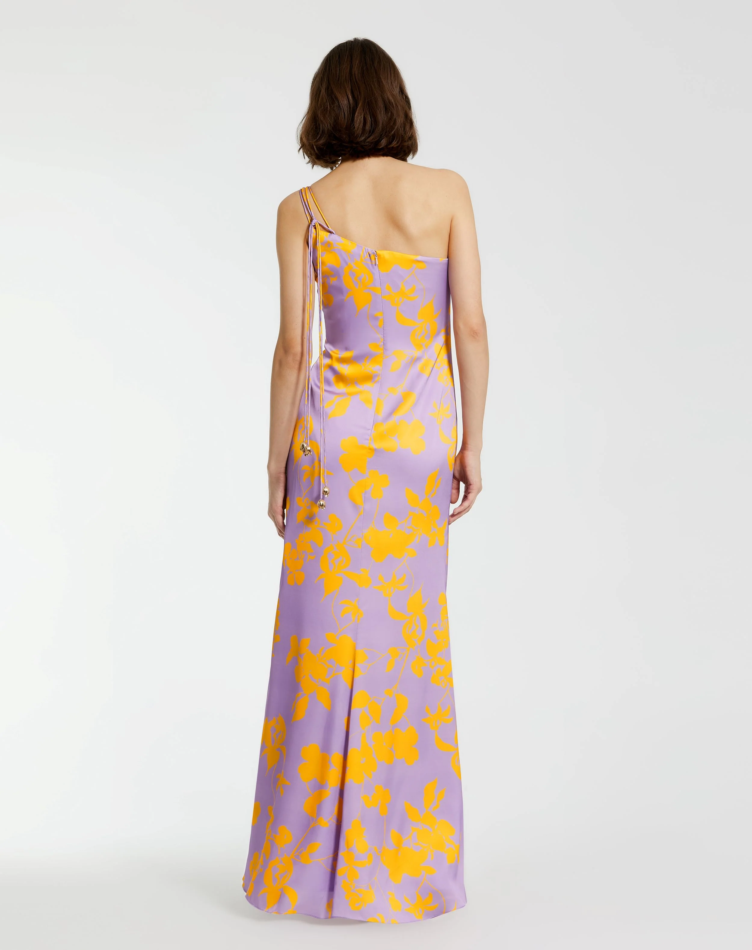 Orchid Floral Printed Charmeuse One Shoulder Maxi Dress With Slit