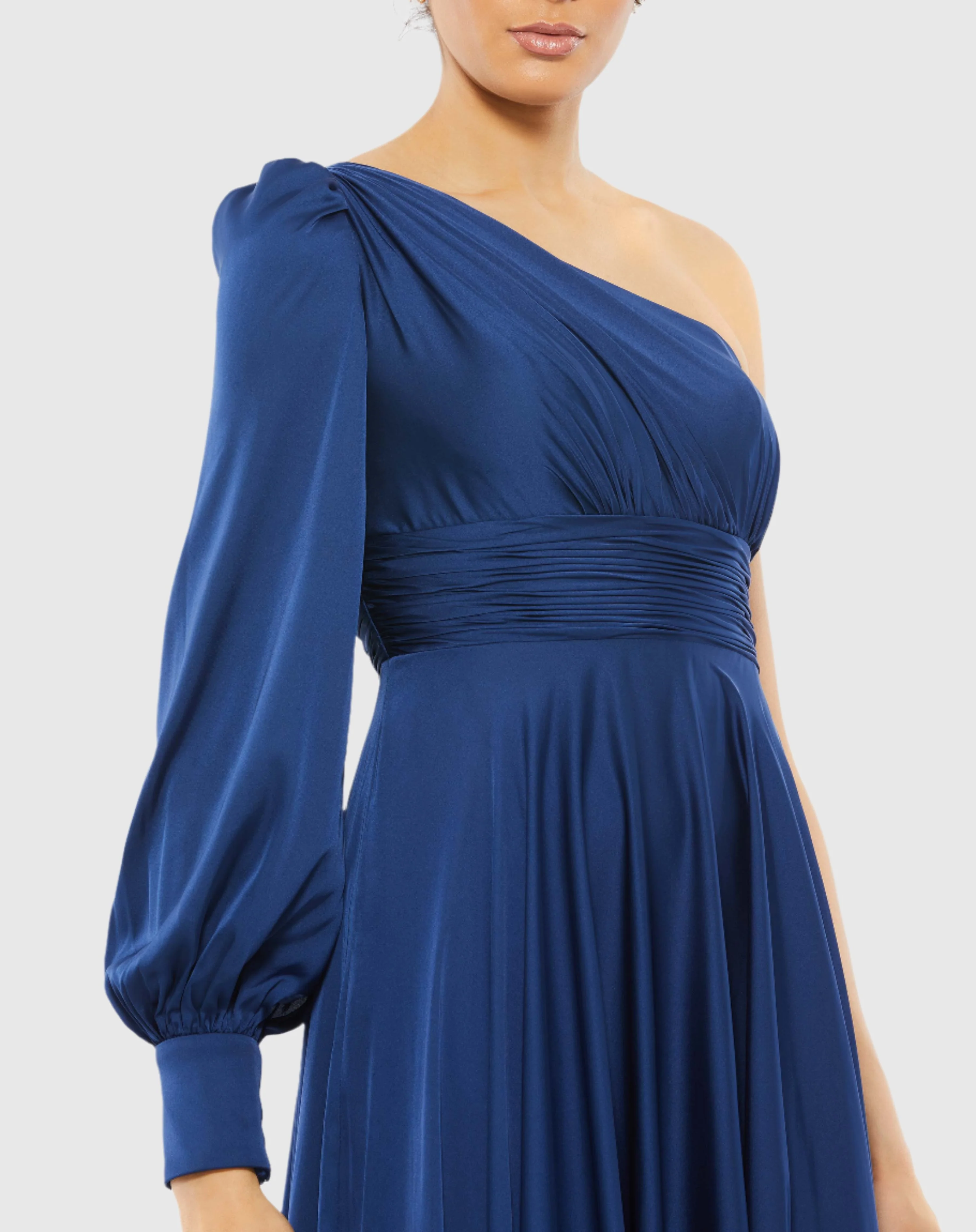 Navy One Shoulder Bishop Sleeve Flowy Gown