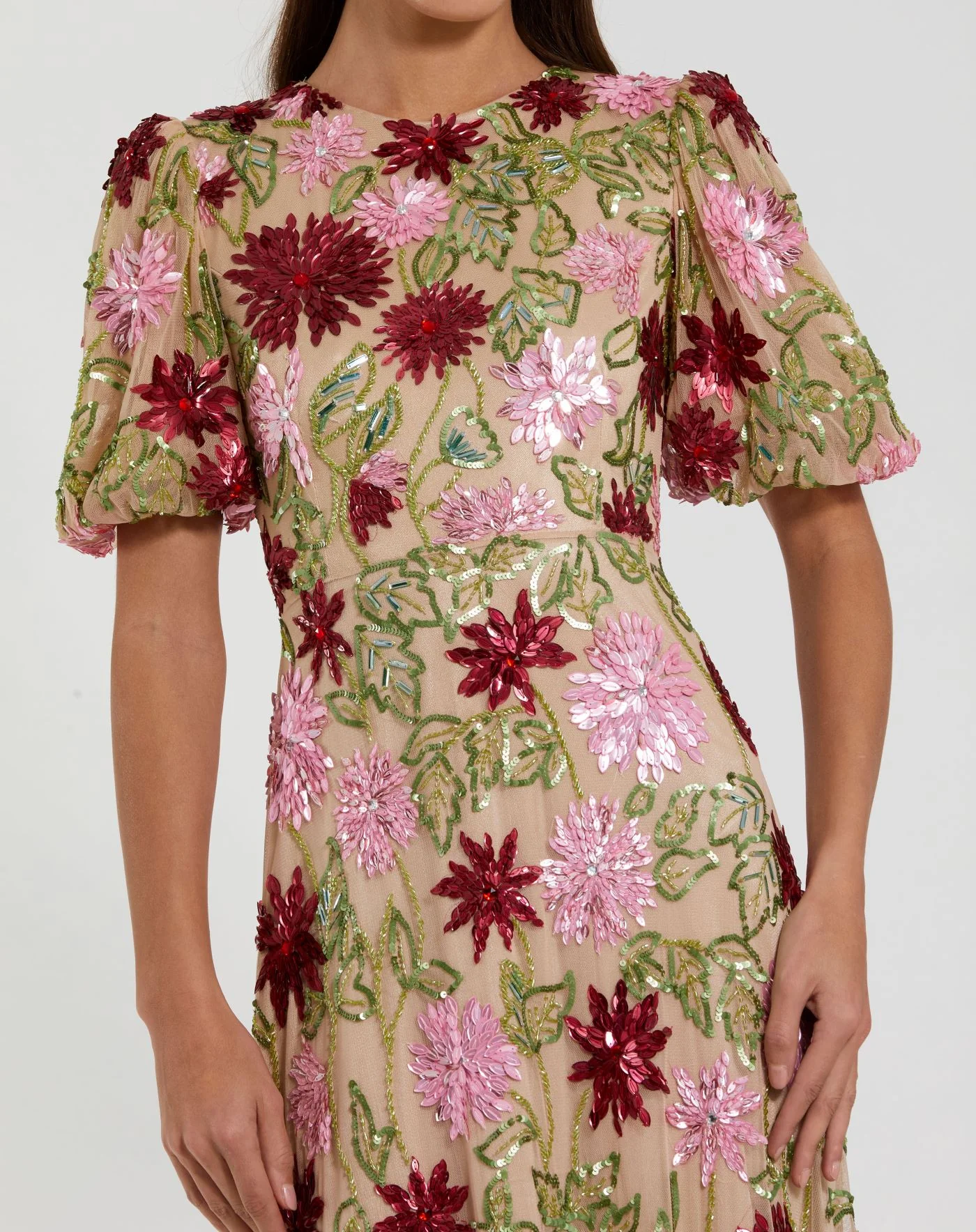 Beige Floral Beaded Mesh Puff Sleeve Gown