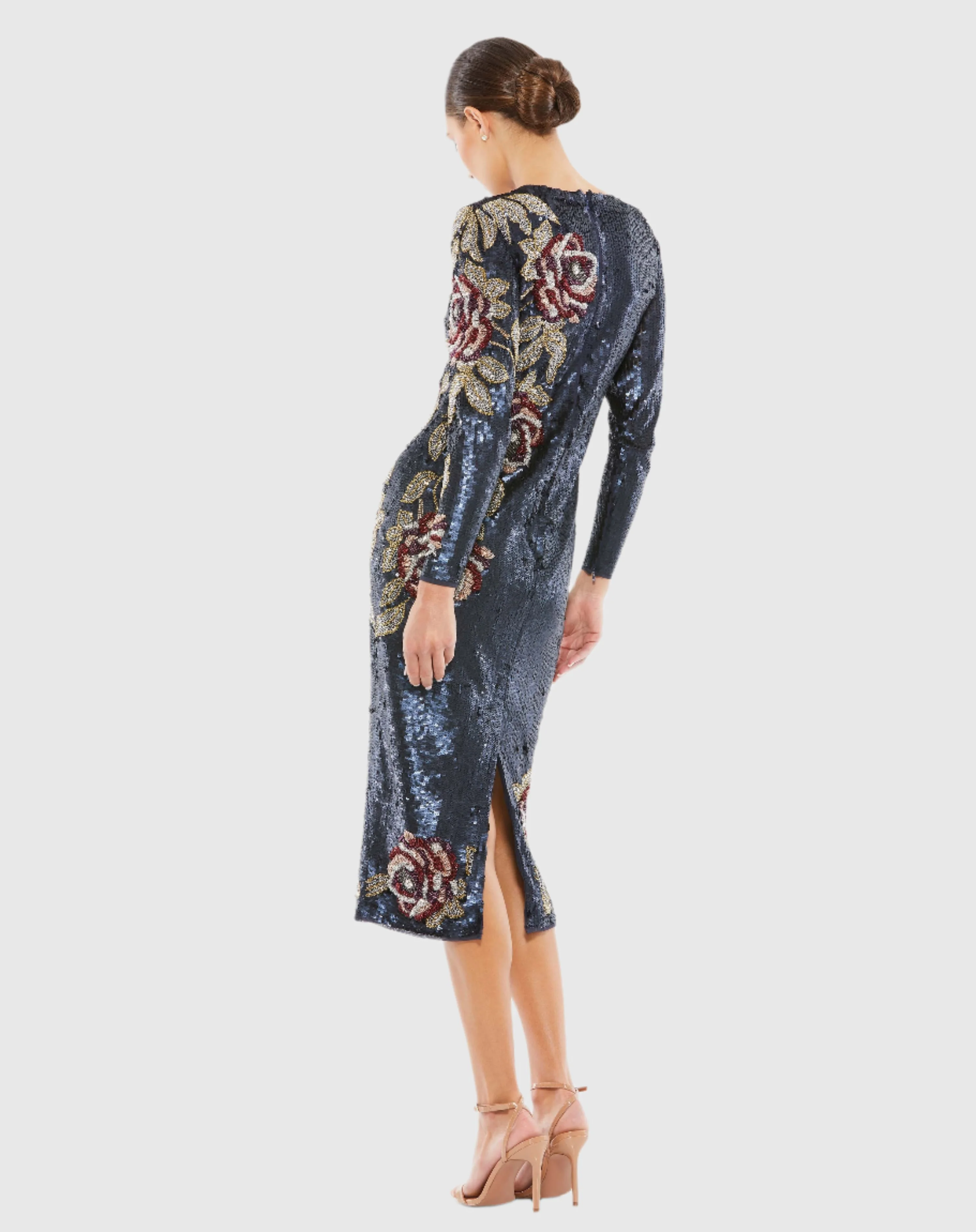 Navy Sequined Asymmetrical Floral Long Sleeve Midi Dress