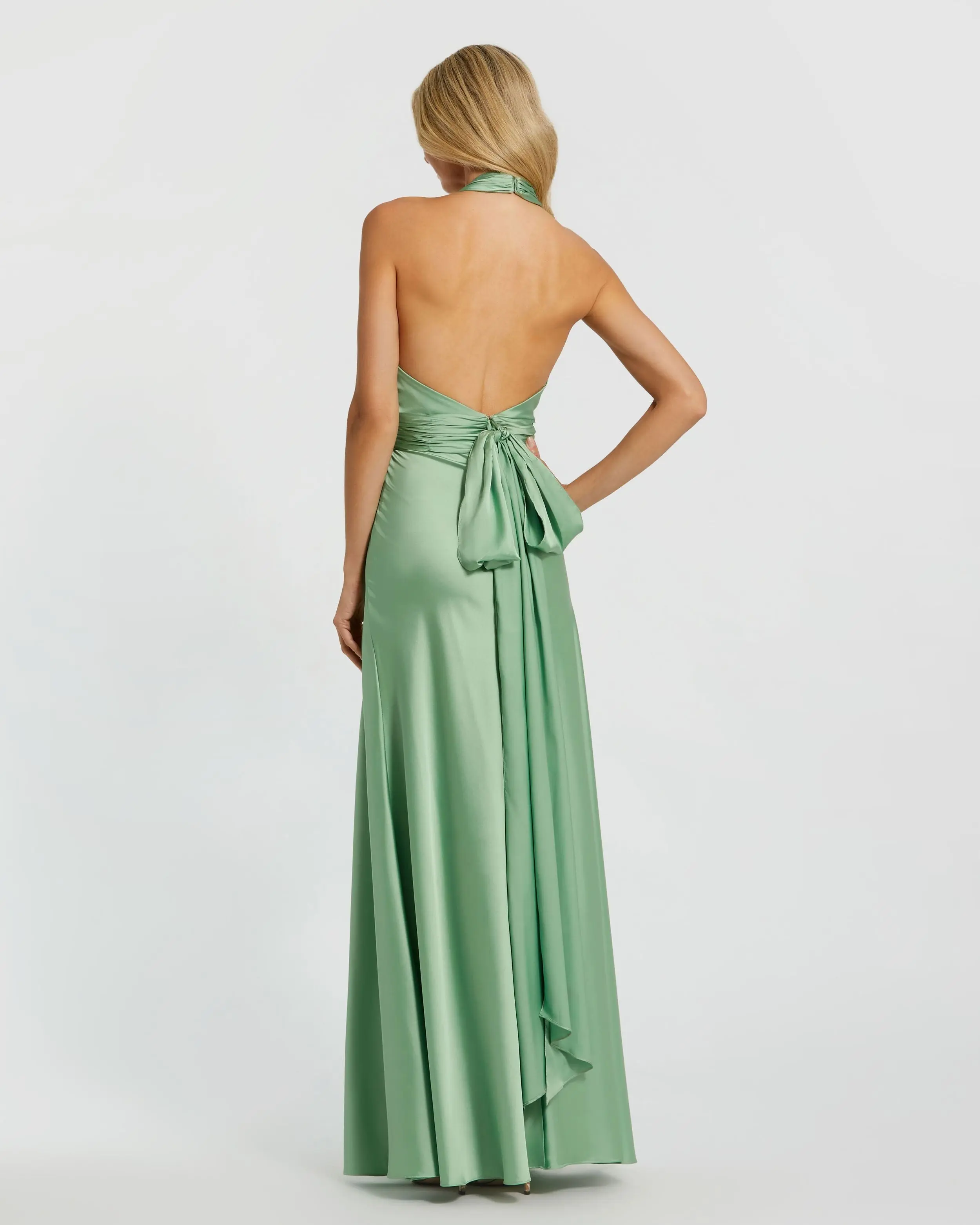 Green Ruched Halter Neck Tie Back Satin Gown