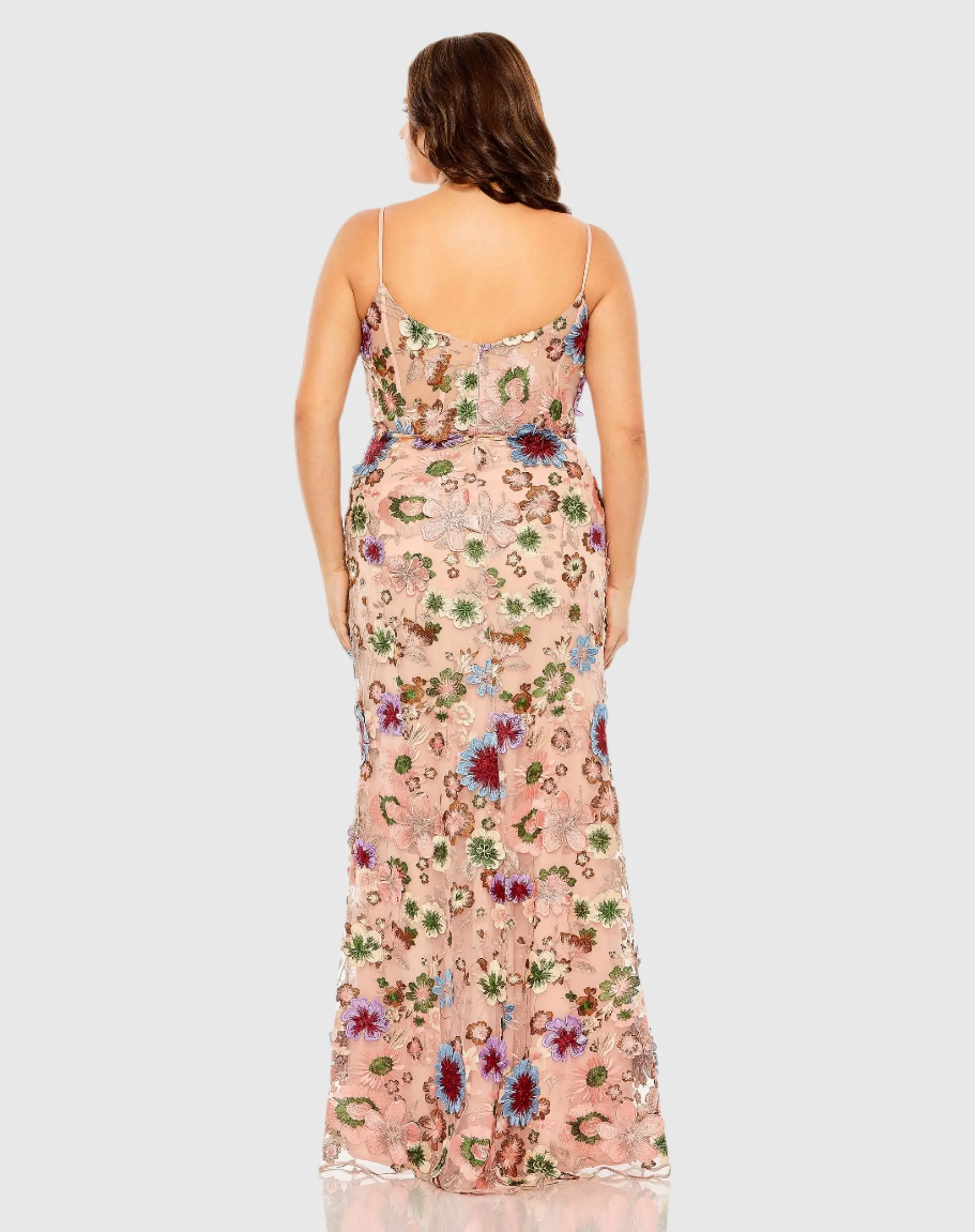 Pink Multicolor Floral Embroidered Corset Mesh Gown