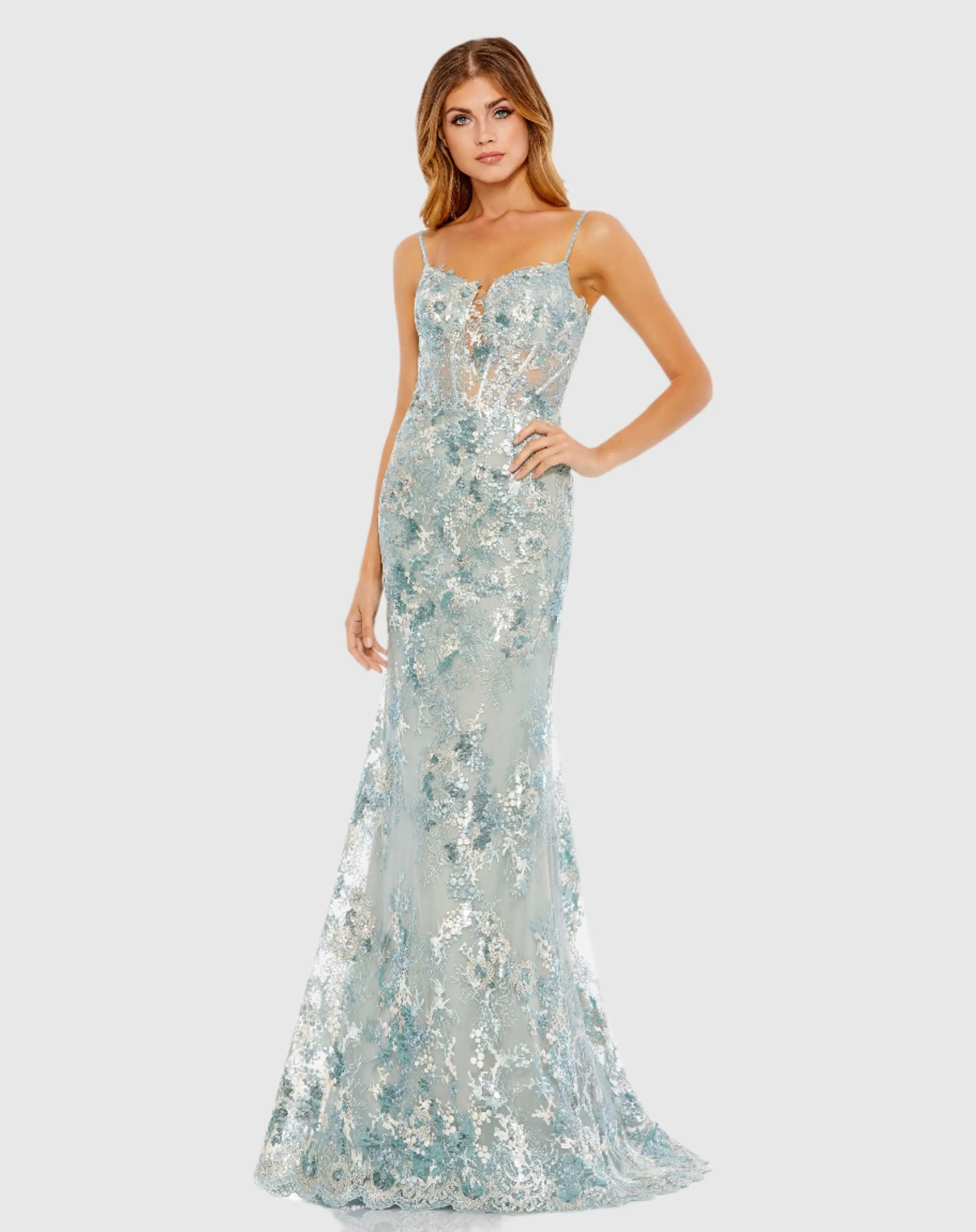 Blue Embroidered Spaghetti Strap Trumpet Gown