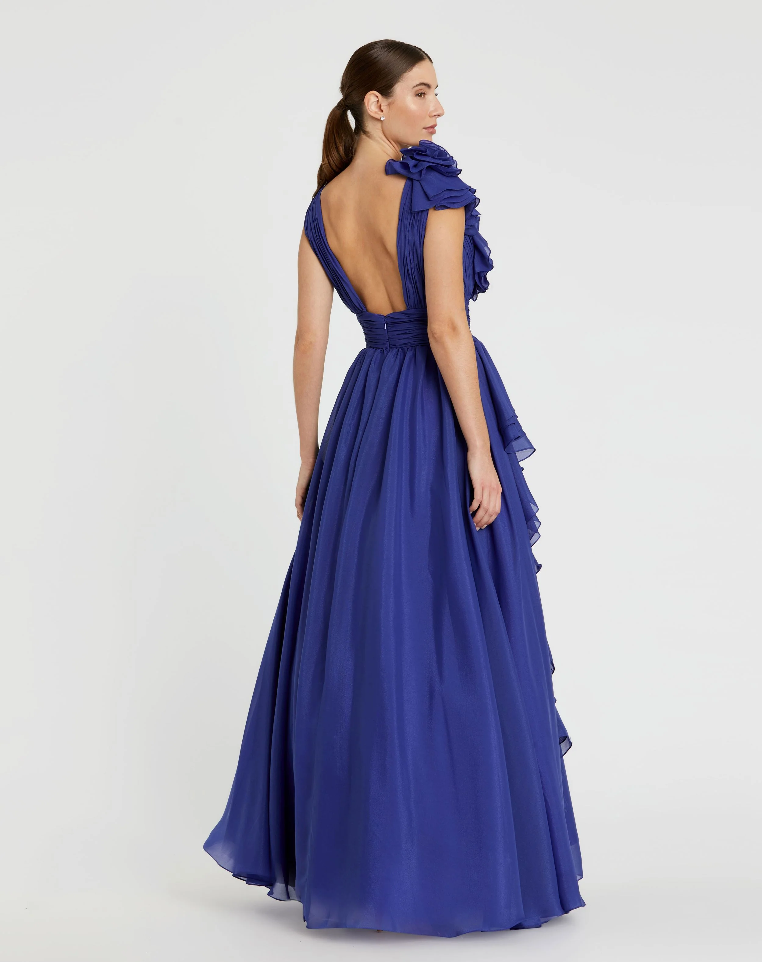 Dark Blue Ruffle Shoulder V-Neck Chiffon Gown