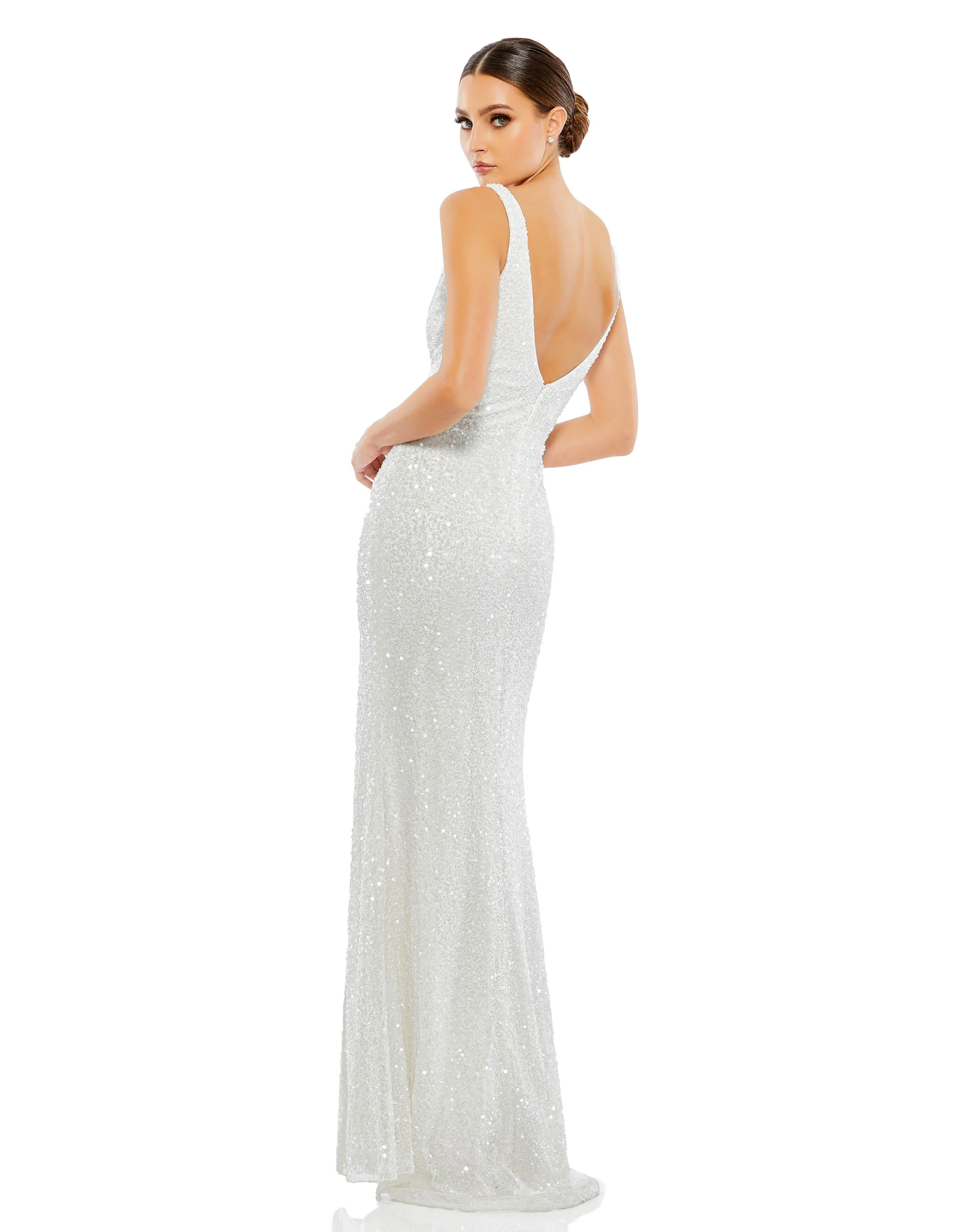 White Sequined Sleeveless V Neck Side Slit Gown