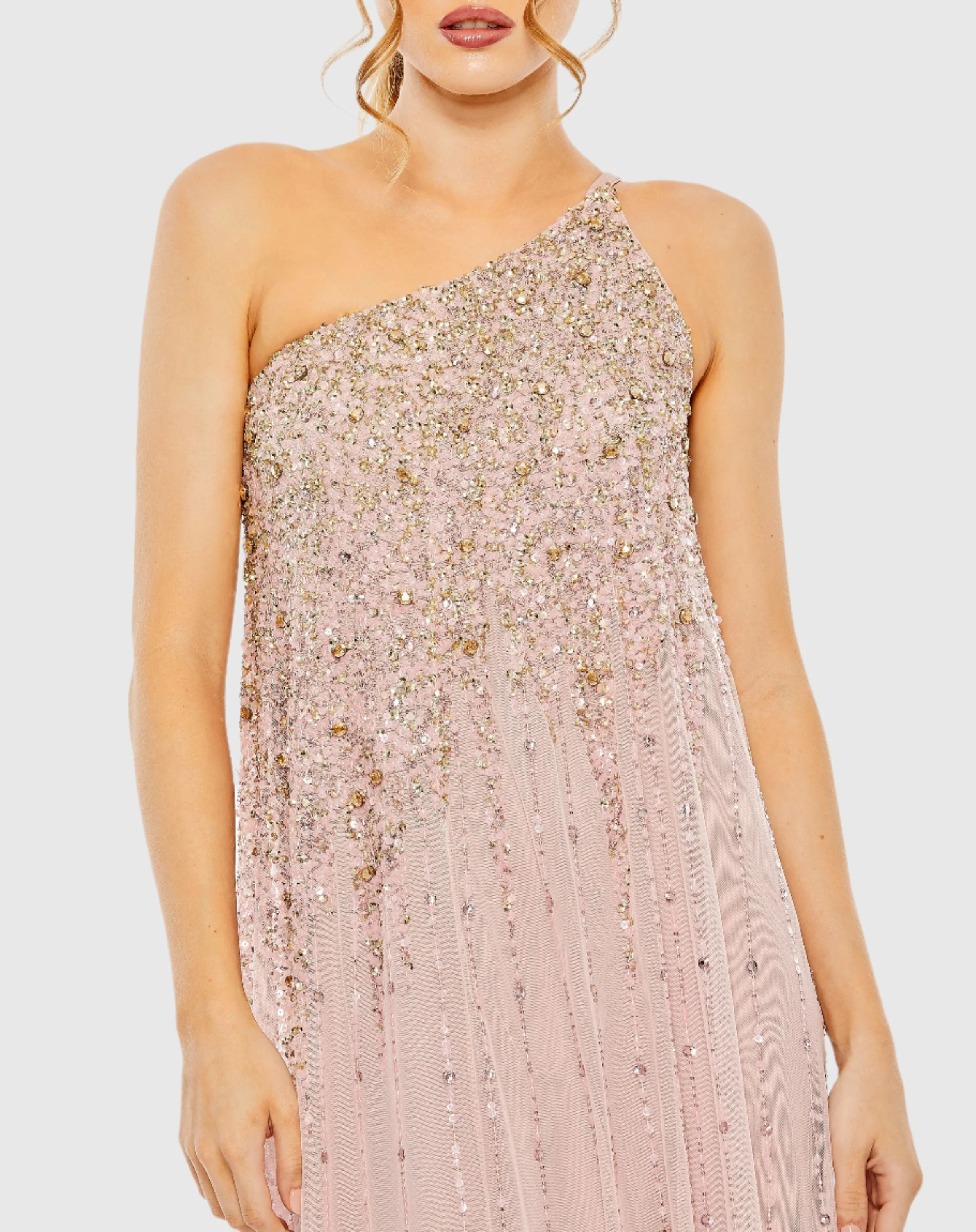 Pink One Shoulder Embellished Trapeze A Line Gown