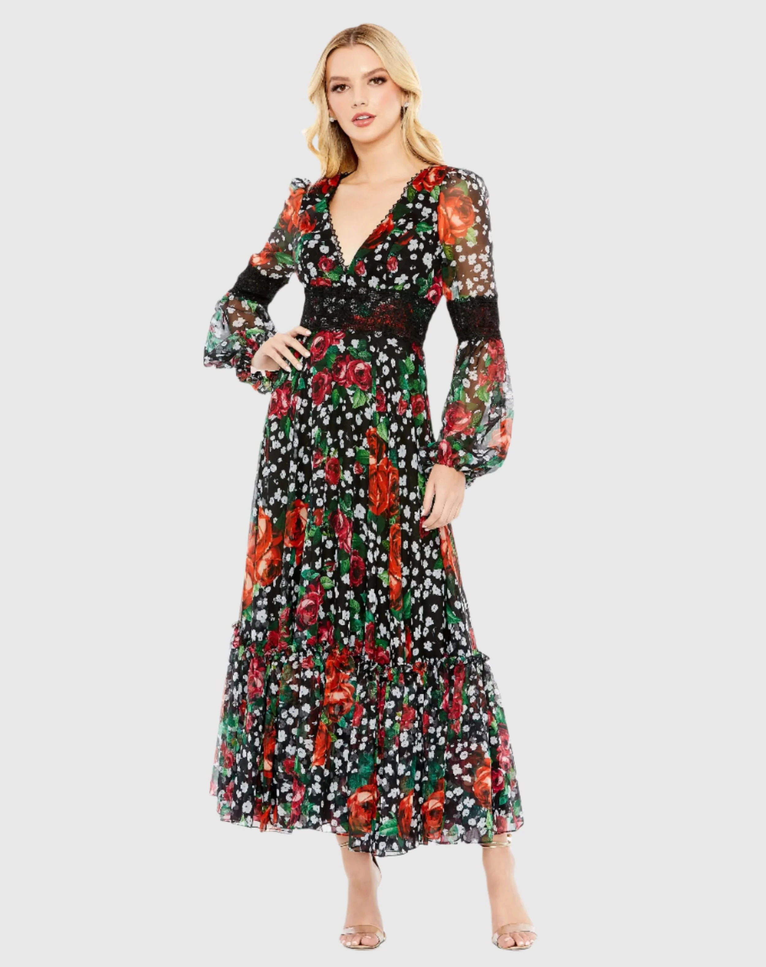 V-neck Floral Long Puff Sleeve Ruffle Dress - FINAL SALE