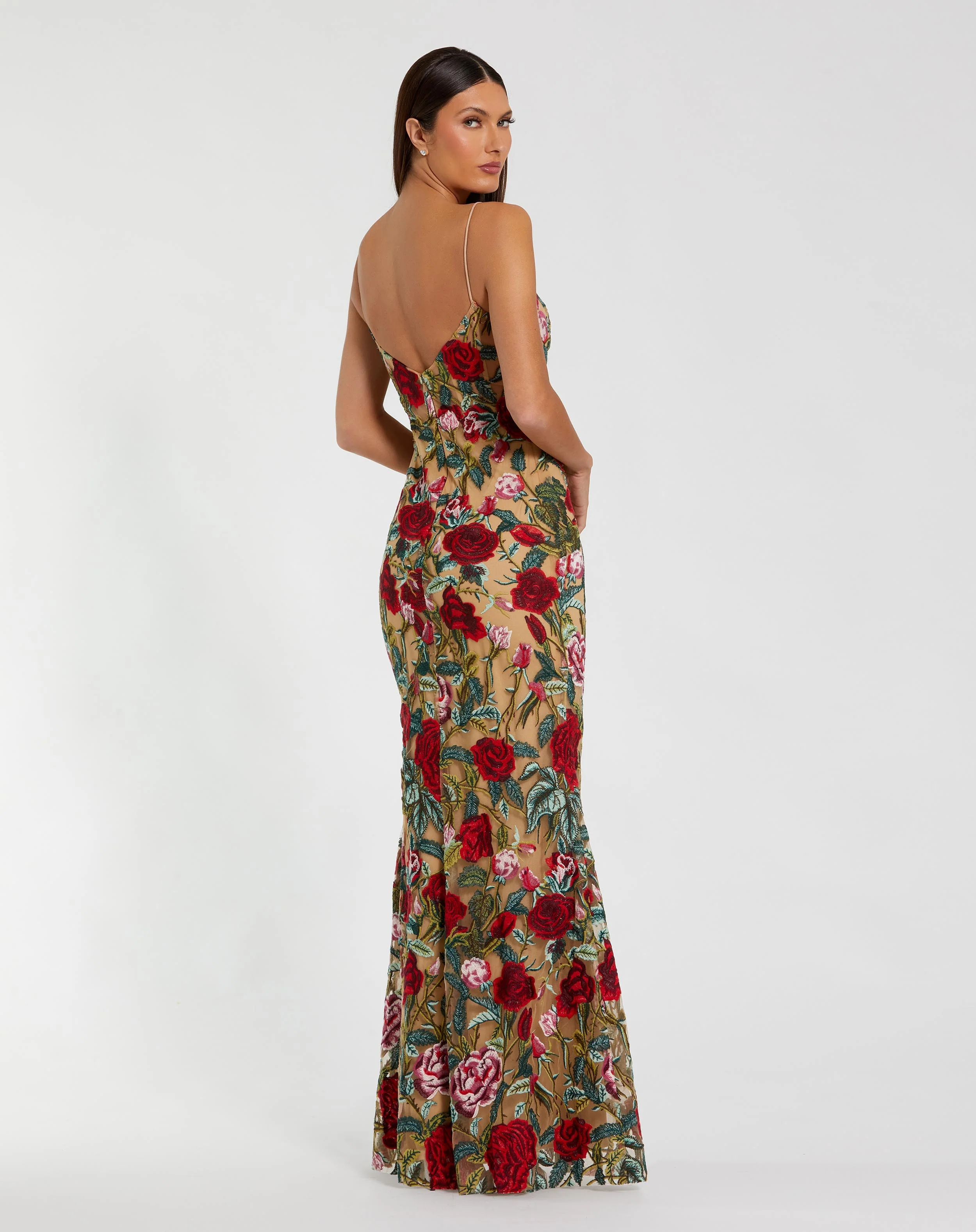 Beige Floral Embroidered Spaghetti Strap Gown