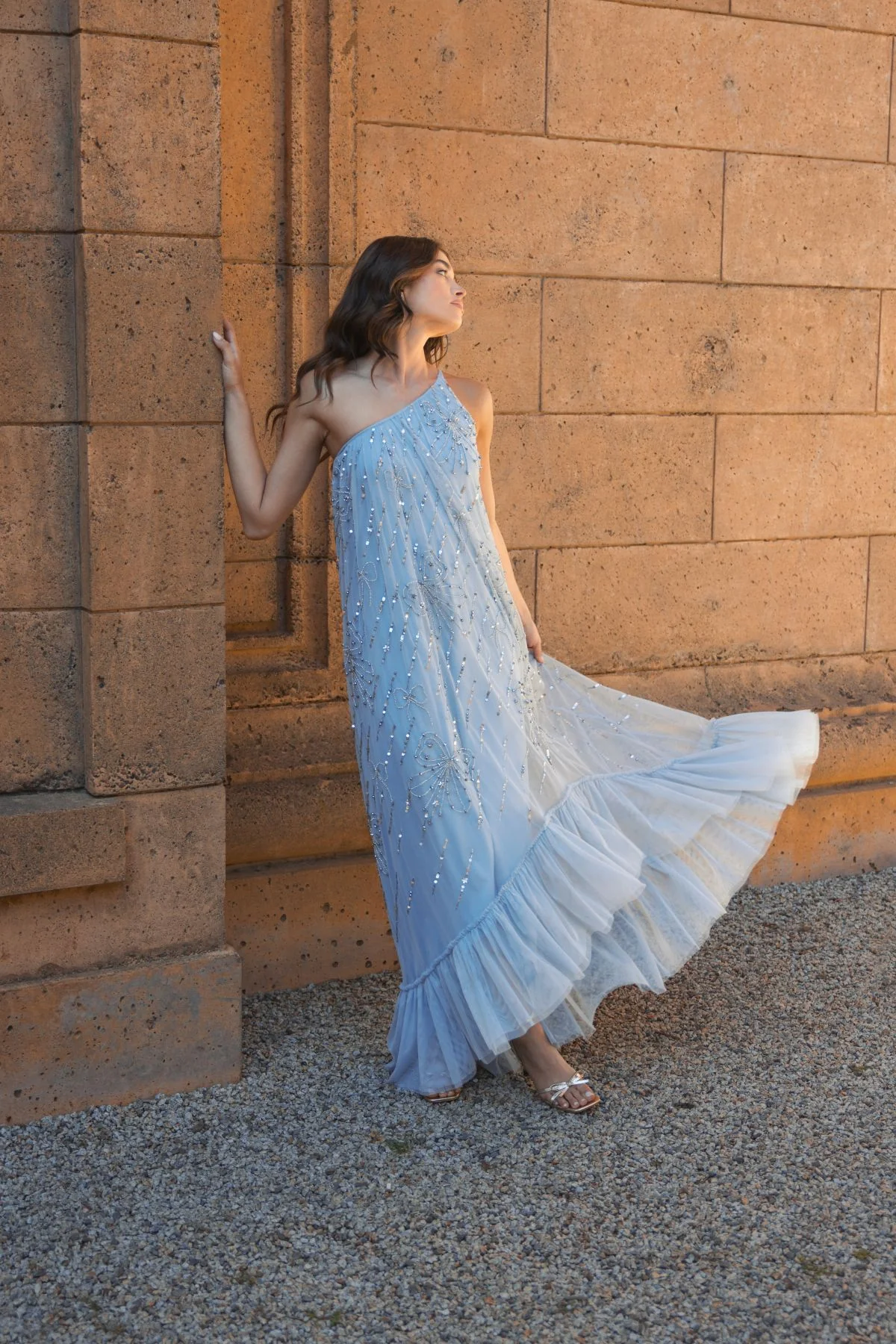 Blue Bow Embellished Mesh One Shoulder High Low Gown