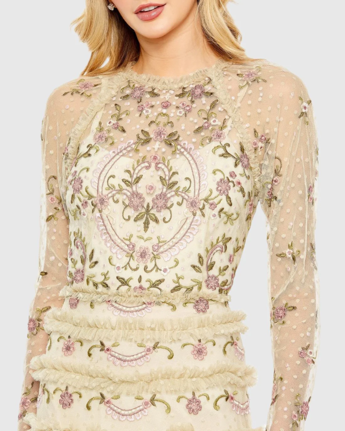 Beige Mesh Polka Dot Long Sleeve Floral Ruffle Tired Gown