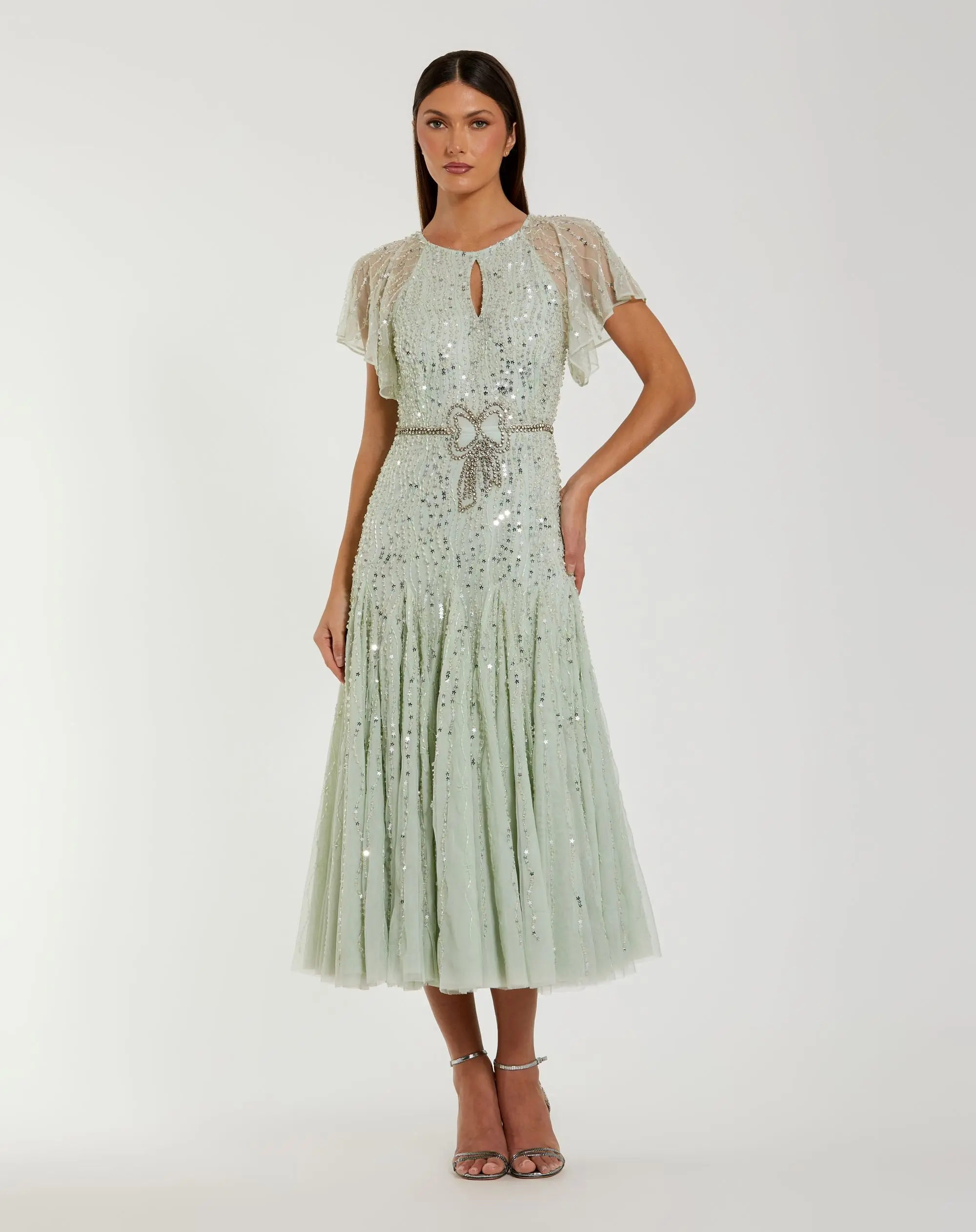 Green Embellished Bow Flutter Sleeve A Line Midi Dress