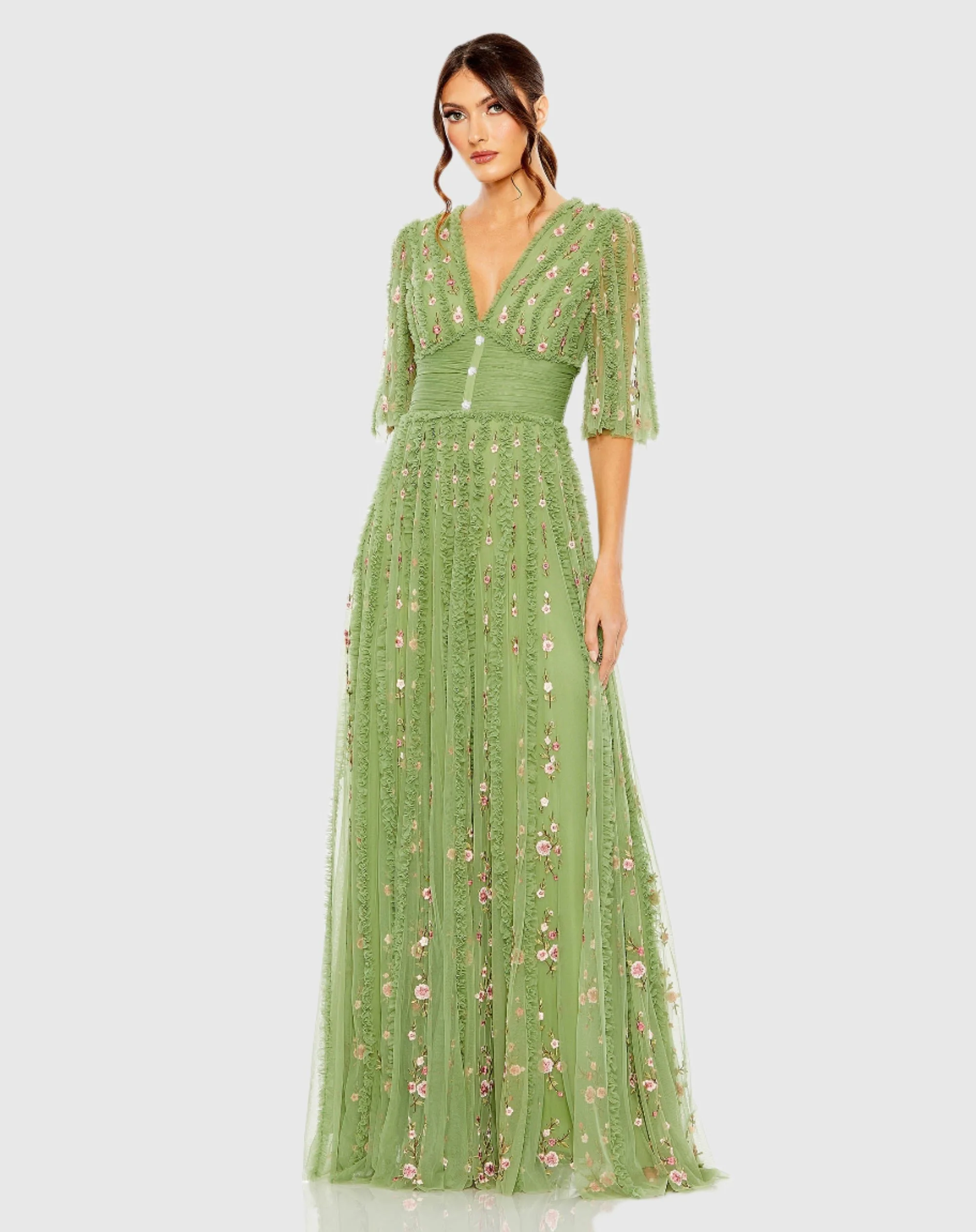 Green Floral V-Neck Ruffle Detail Empire Waist Gown