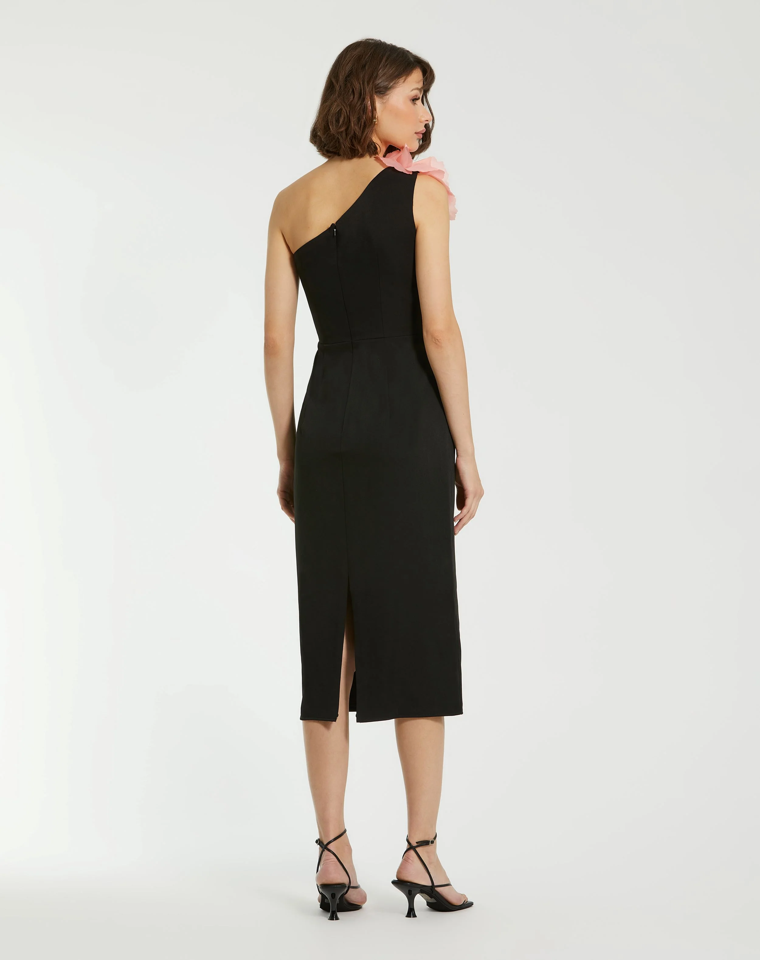 Black Crepe One Shoulder Midi Dress With Flower