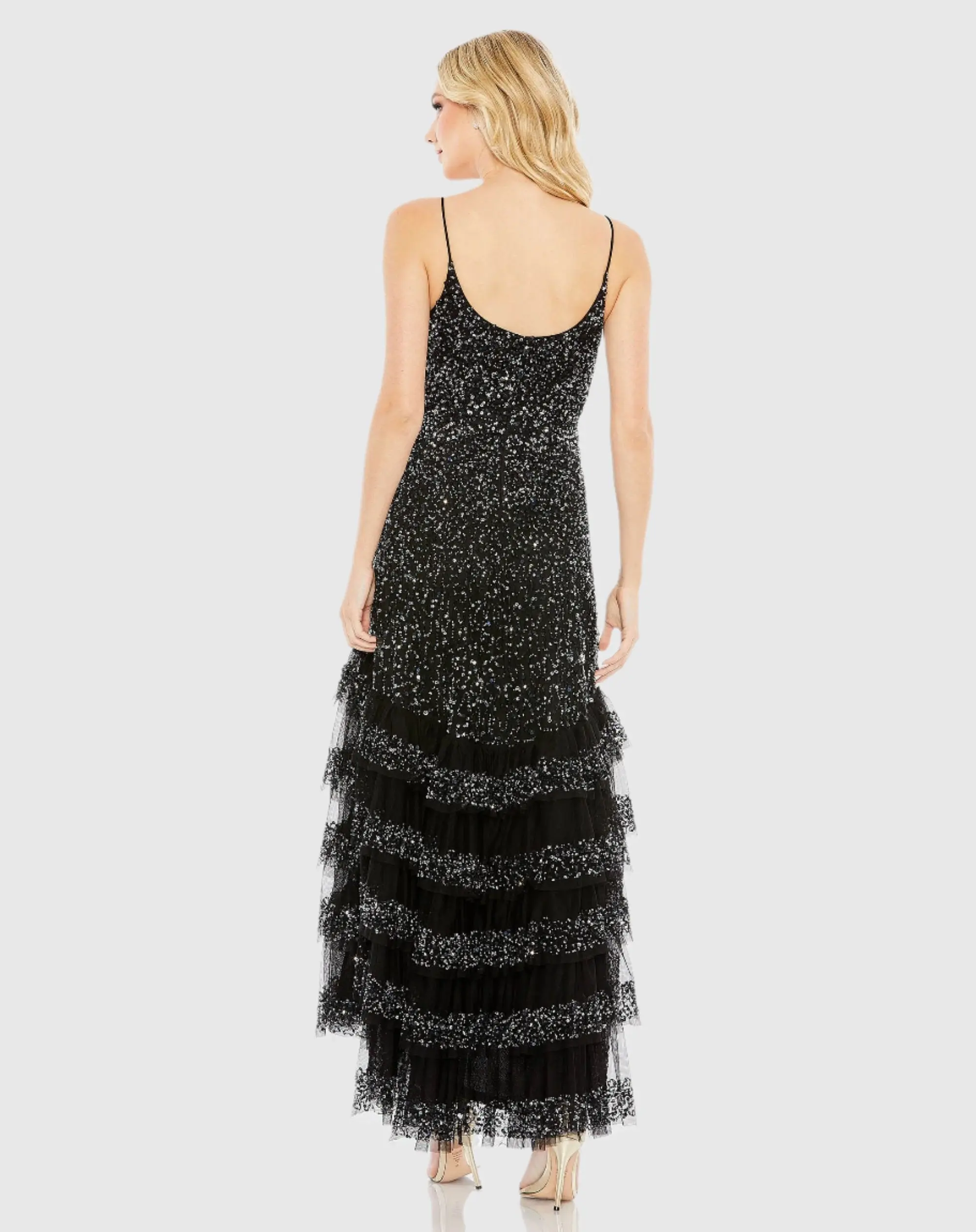 Black Embellished Scoop Neck Tiered Gown - FINAL SALE