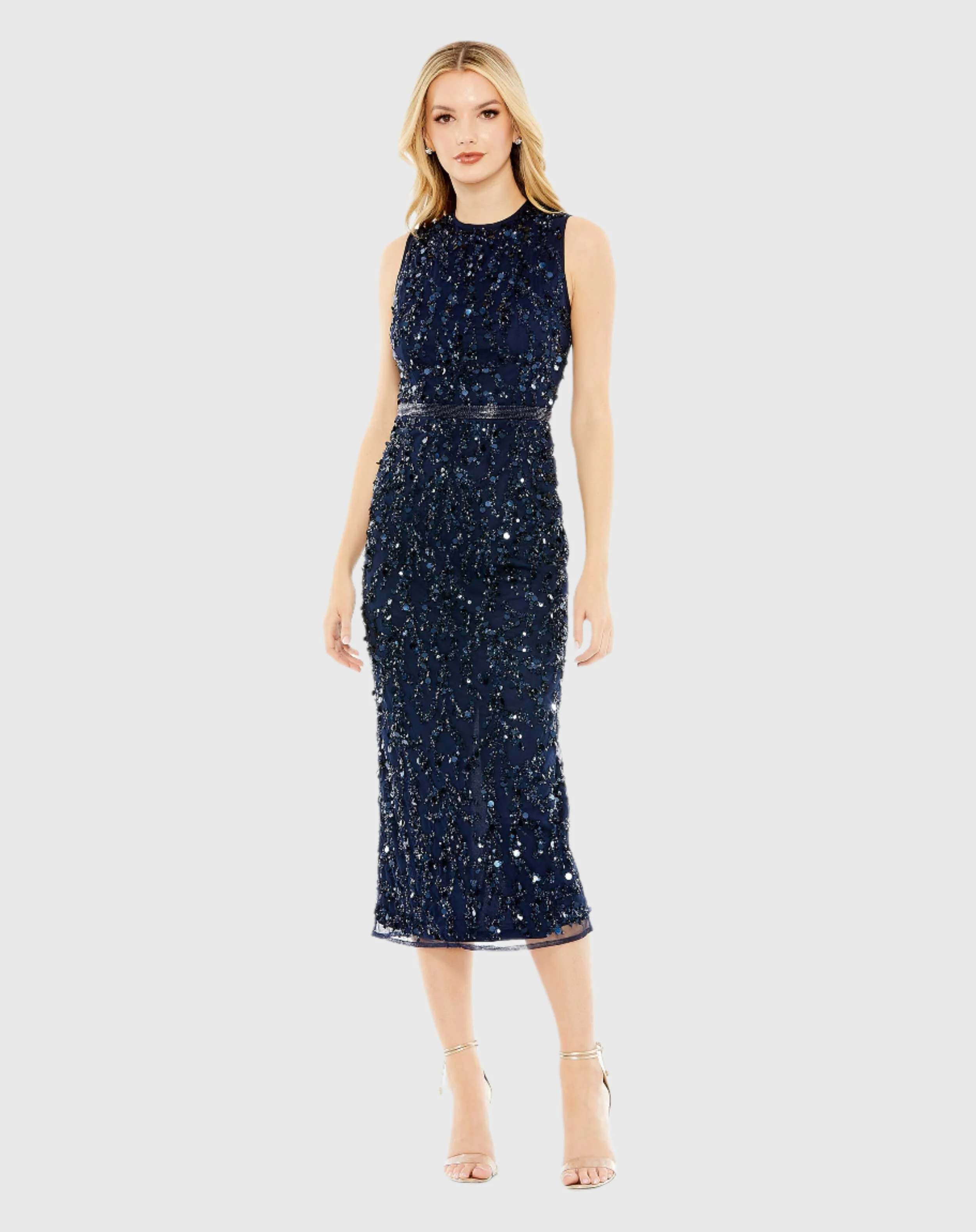 Sequined Sleeveless High Neck Midi Dress