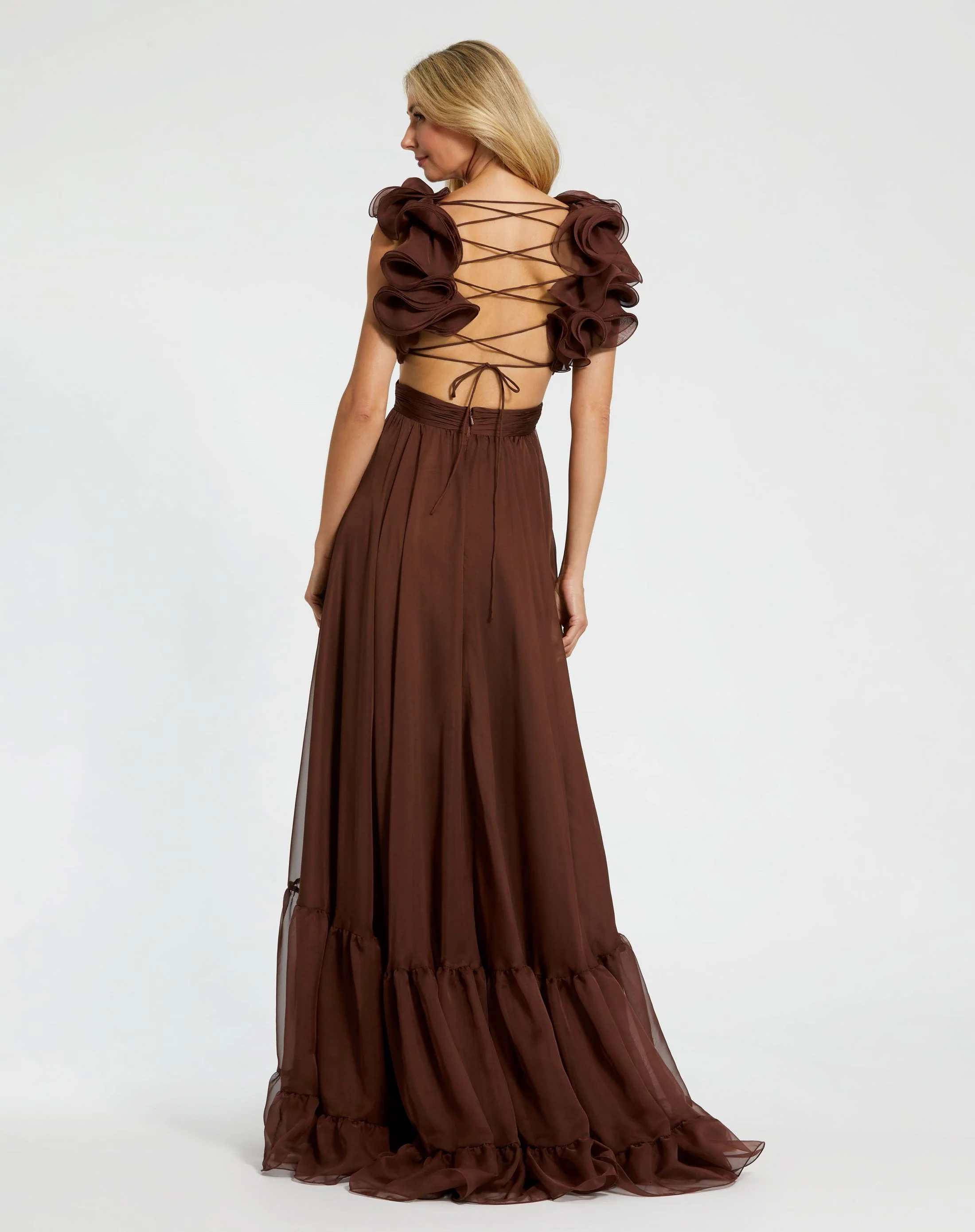 Brown Ruffle Tiered Cut-Out Chiffon Gown