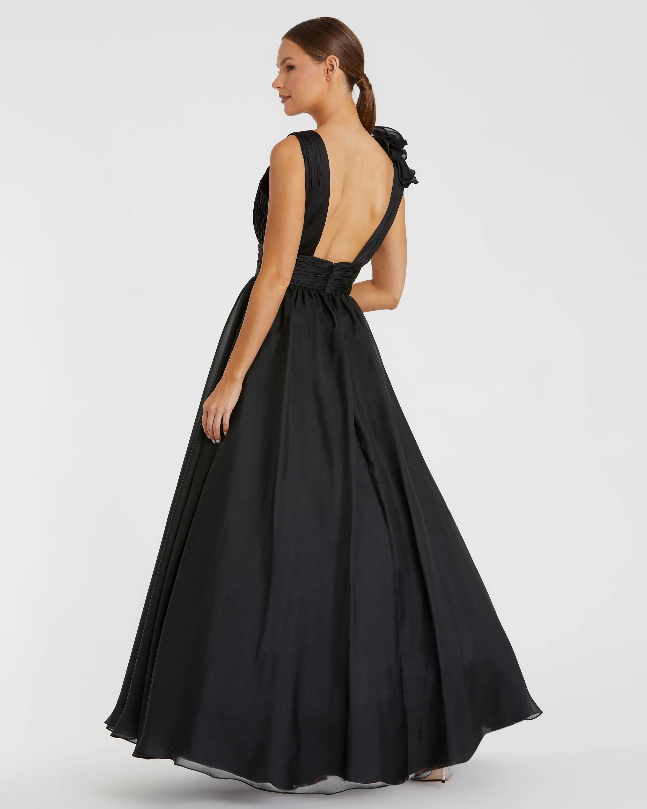 Black Ruffle Shoulder V-Neck Chiffon Gown