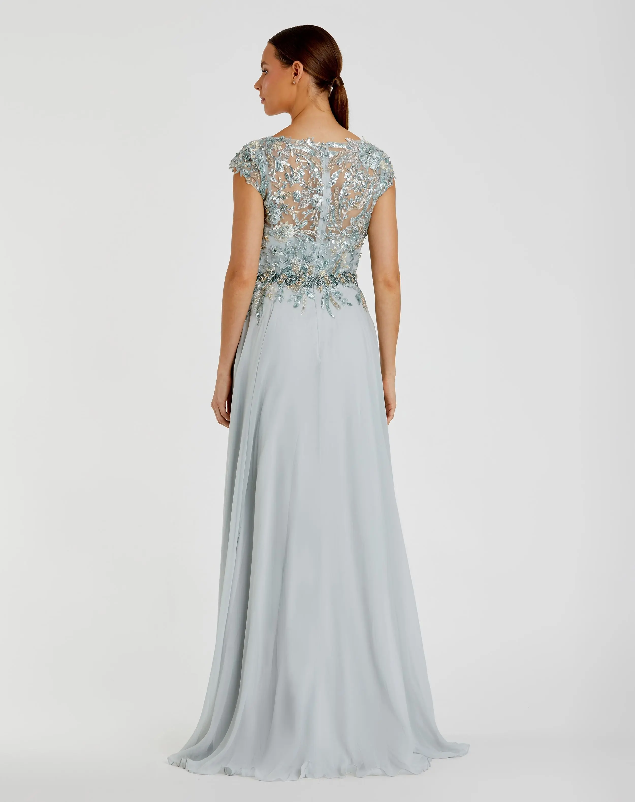 Blue Embellished Cap Sleeve Bodice Flowy Gown