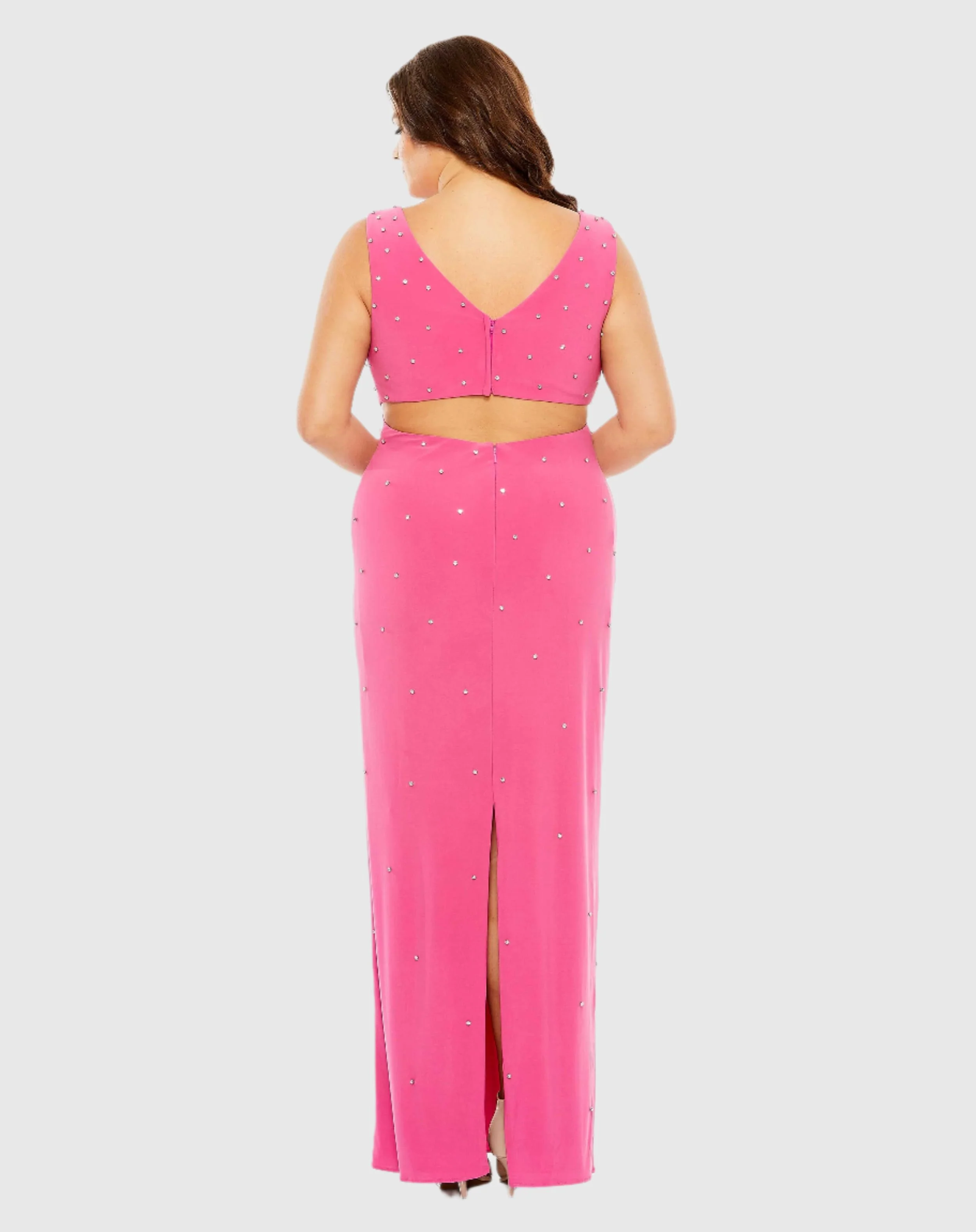 Rhinestone Embellished Open Back Jersey Gown (Plus)