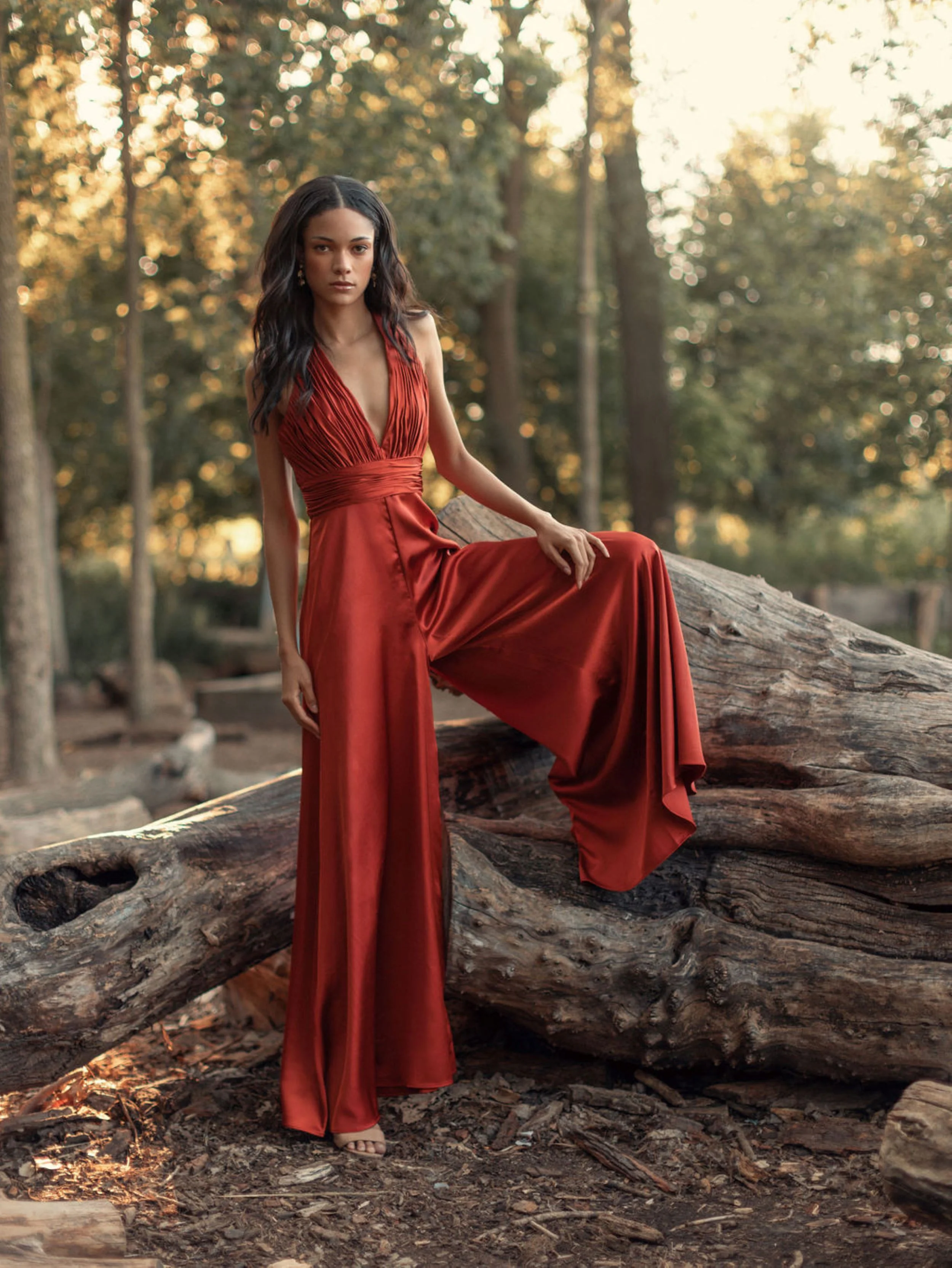 Orange Ruched Halter Top Wide Leg Satin Jumpsuit