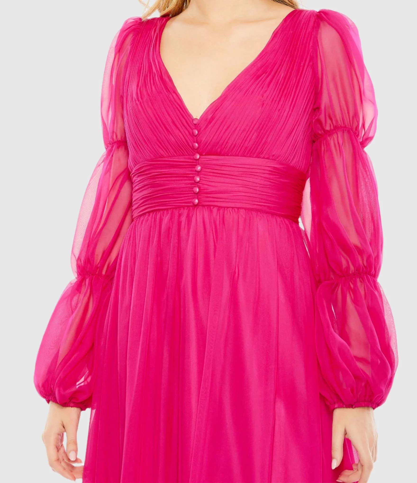 Pink Chiffon Ruched Tiered Puff Sleeve A Line Dress
