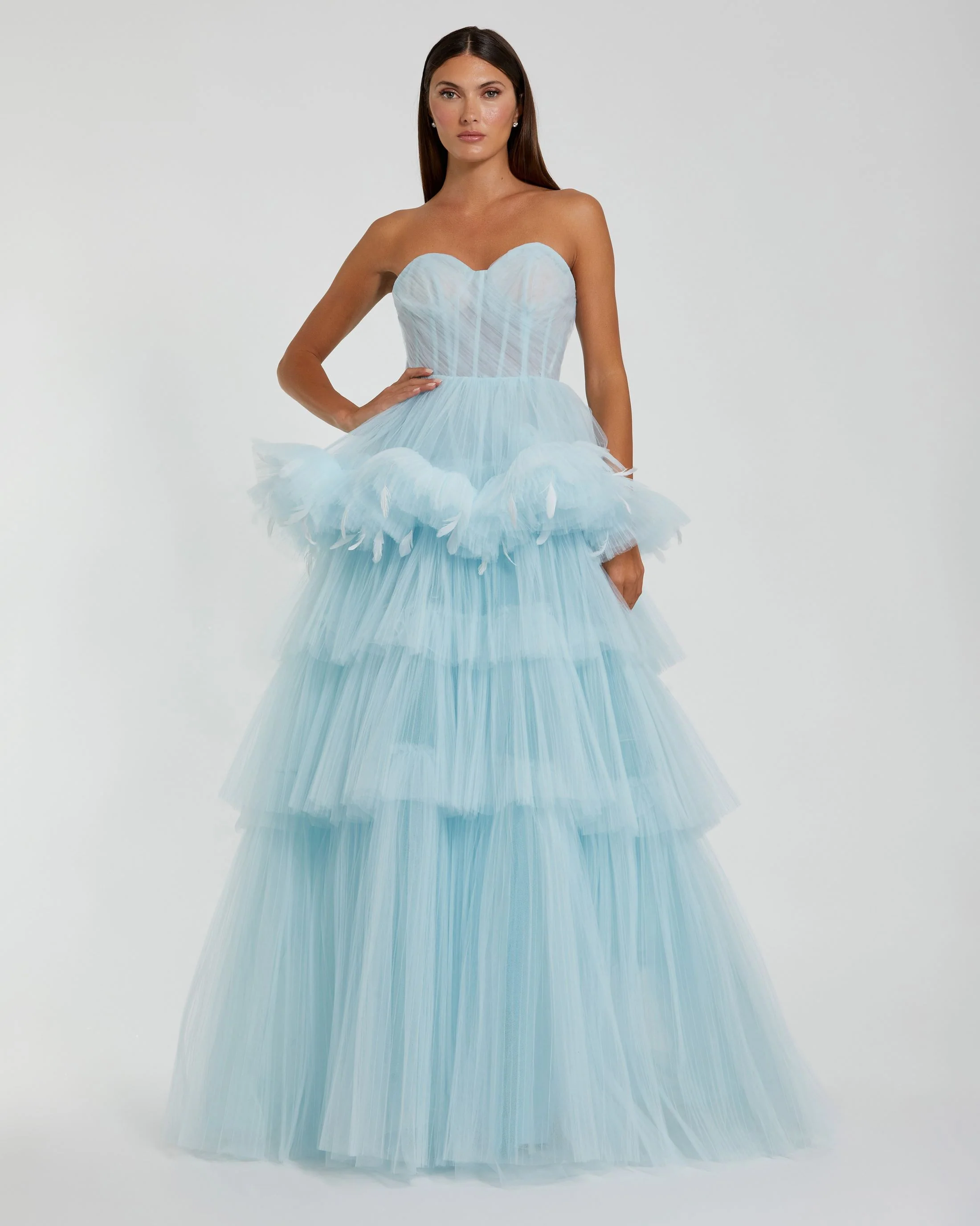 Blue Strapless Tulle Gown with Feather Detail