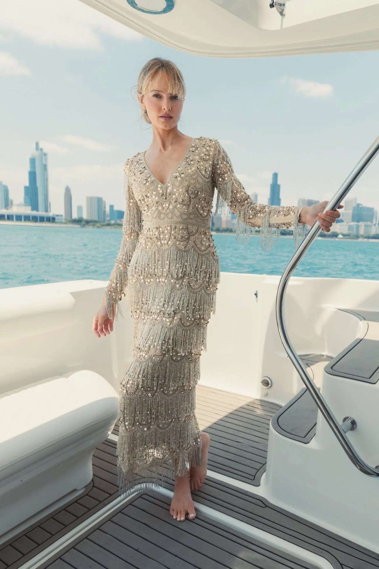 V Neck Beaded Fringe Embellished Dress