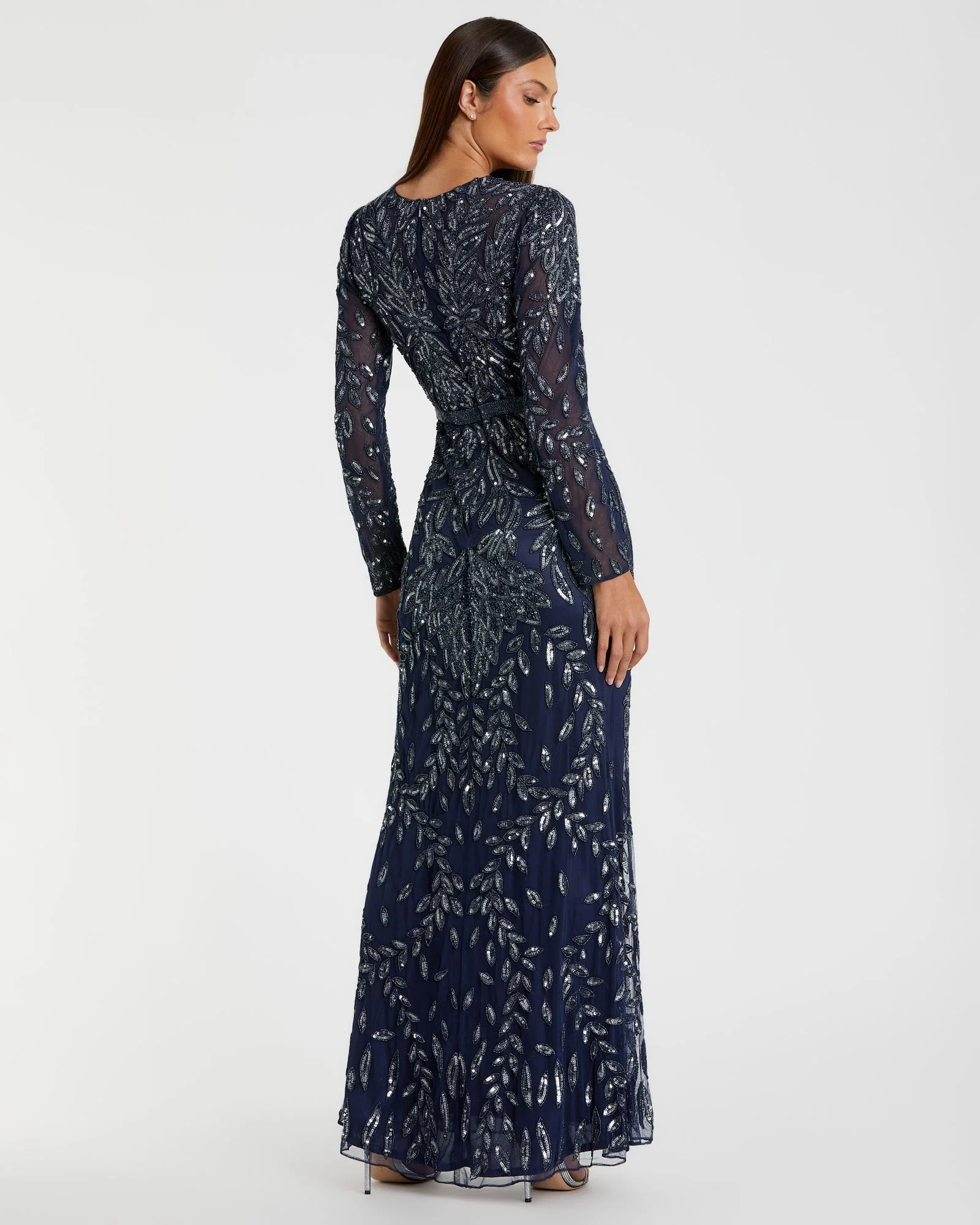 Long Sleeve Illusion Neckline Embellished Gown