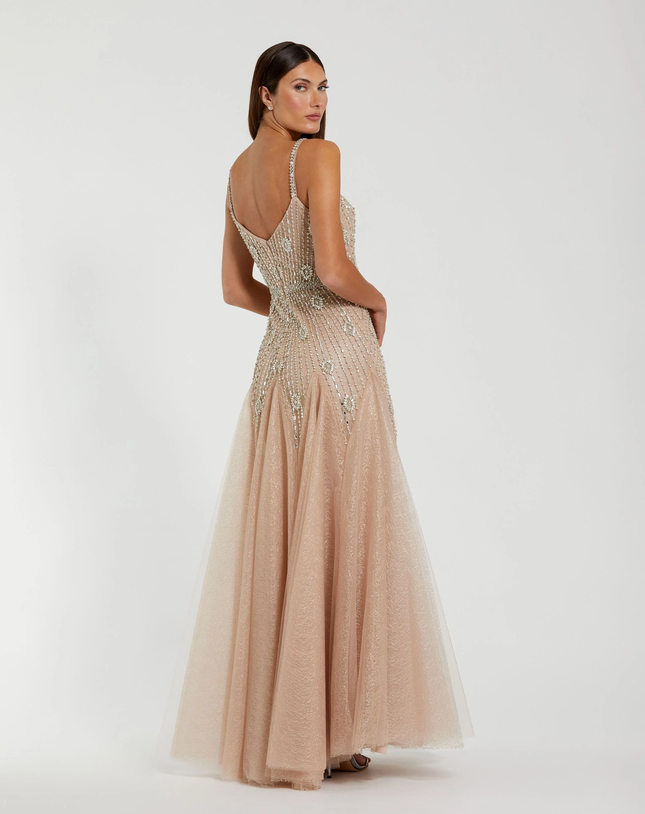 Beige Slim Strap Embellished Bustier Gown