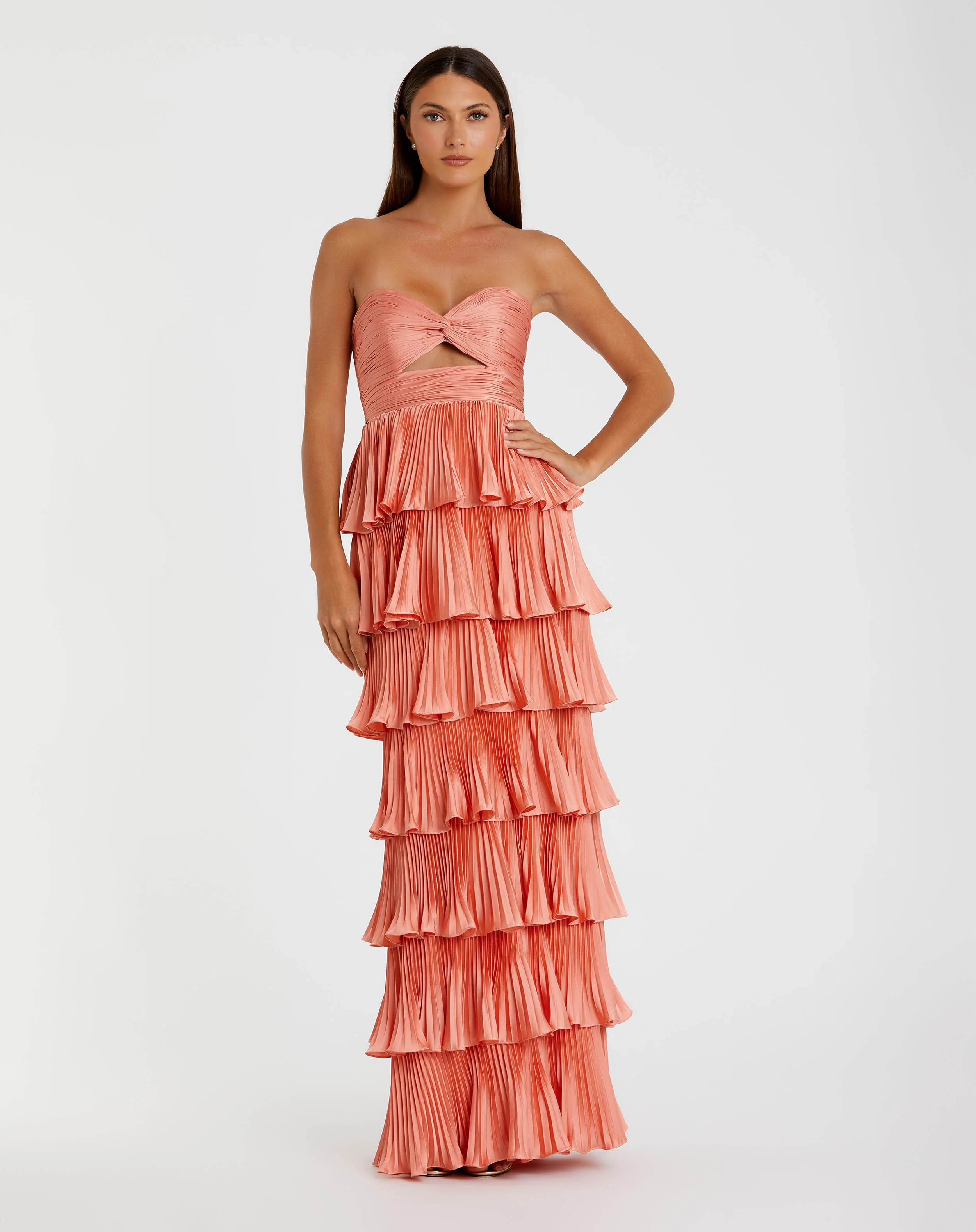 Pleated Charmeuse Strapless Tiered Ruffle Gown
