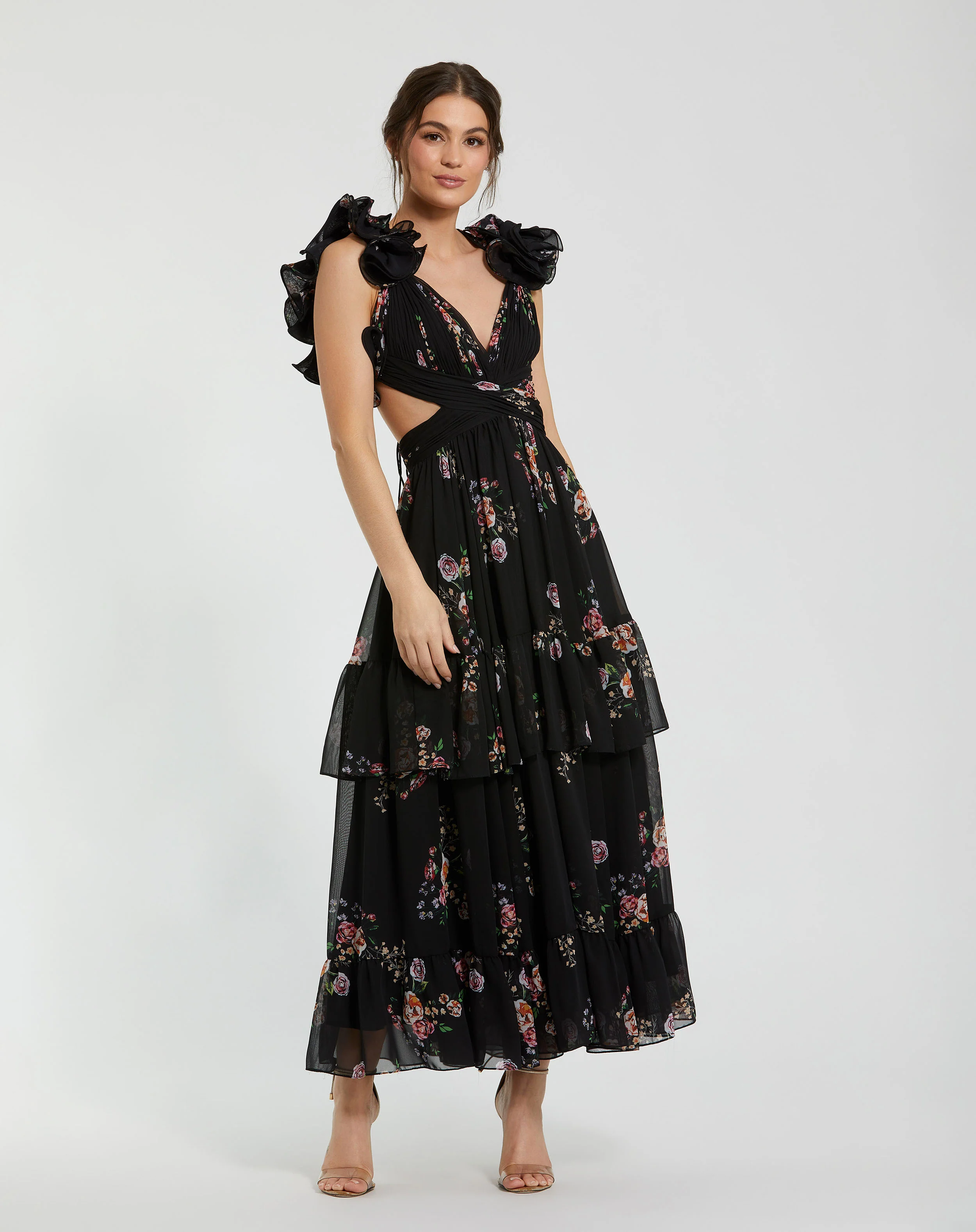 Black Ruffle Tiered Cut-Out Floral Print Chiffon Dress