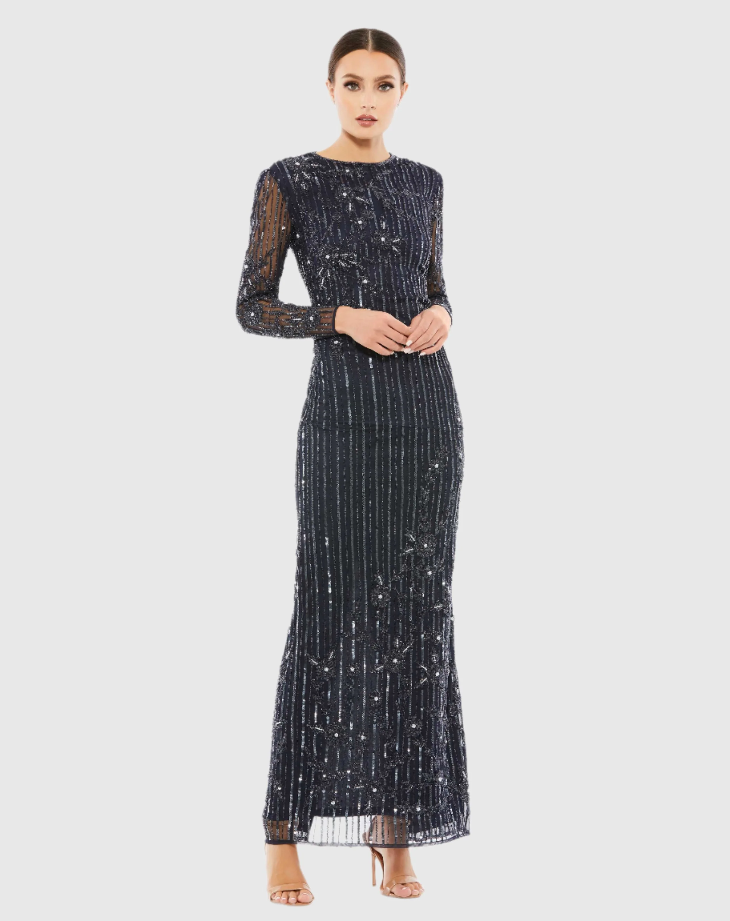 Dark Blue Embellished High Neck Illusion Long Sleeve Gown
