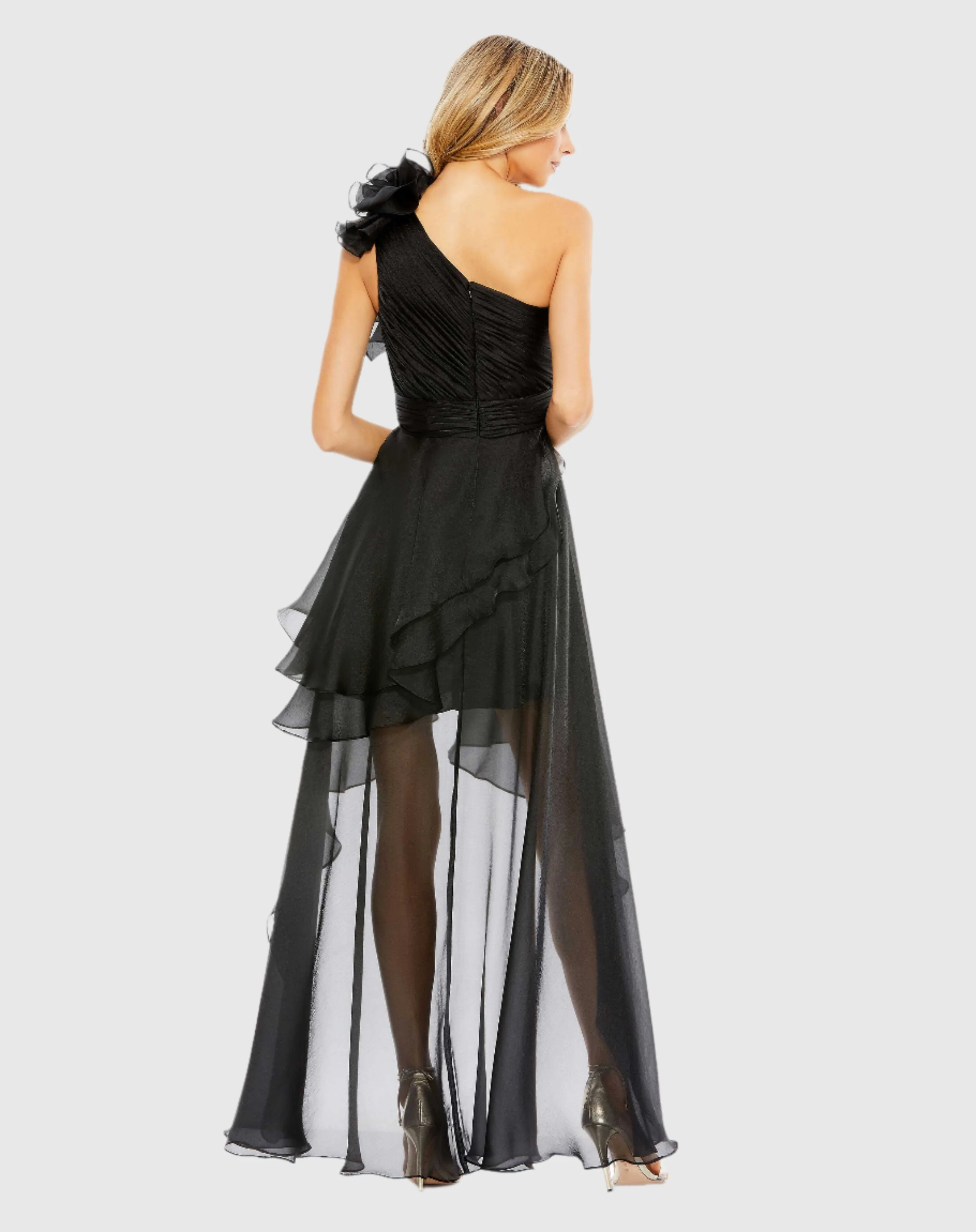 Black One Shoulder Ruffle Hi-Low Gown