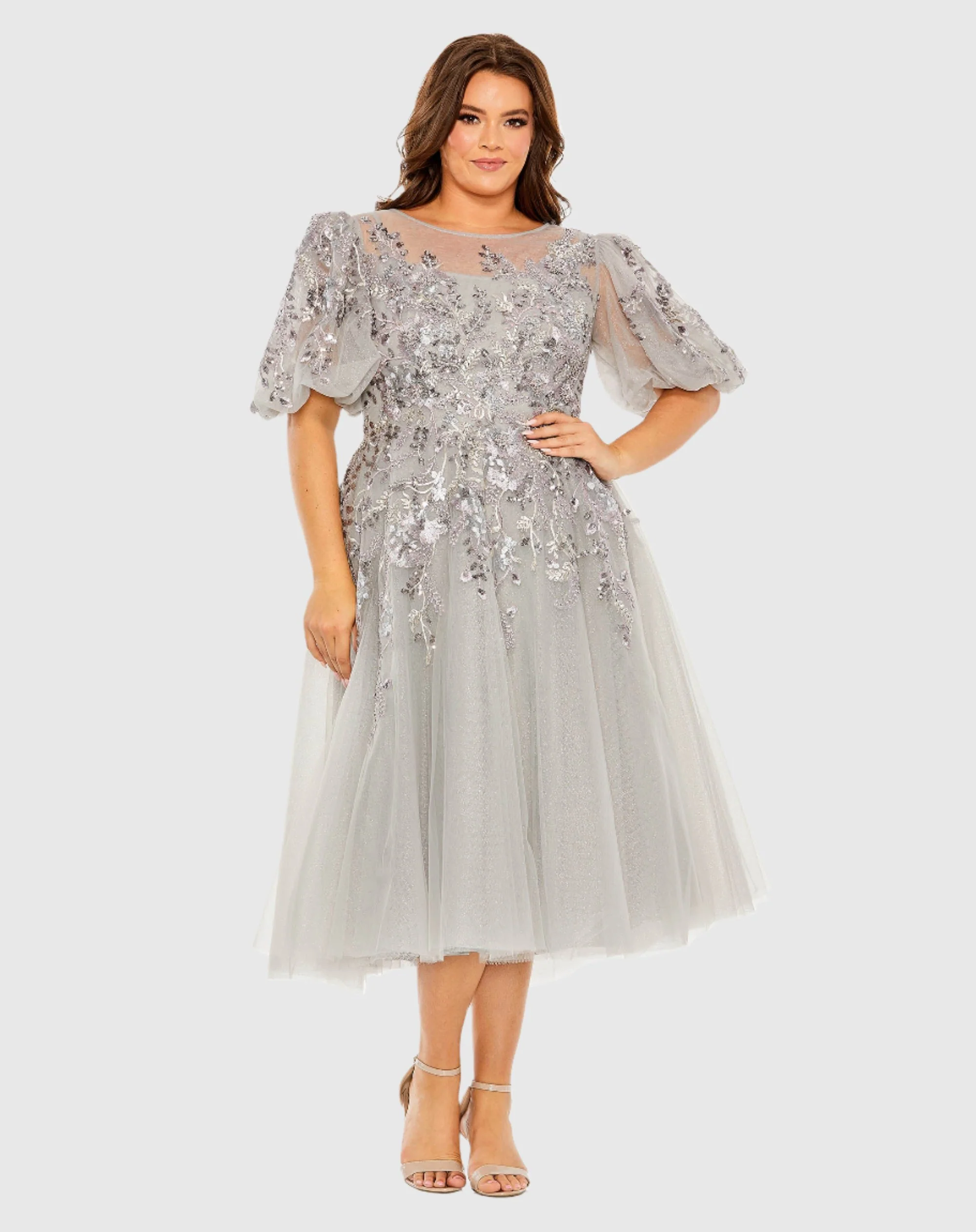 Gray Puff Sleeve Glitter Embellished Dress
