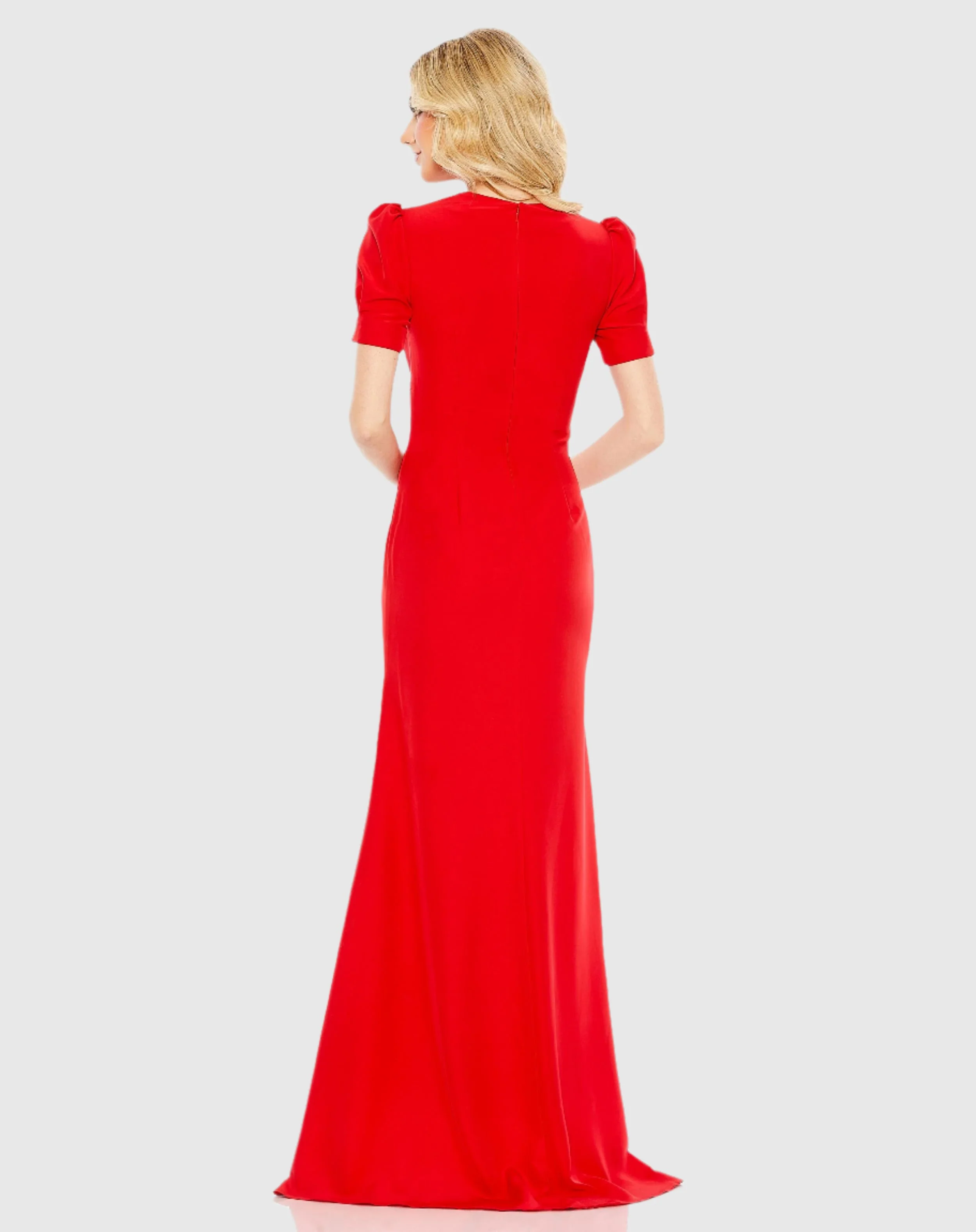 Red Plunge Neck Puff Sleeve Cut Out Gown