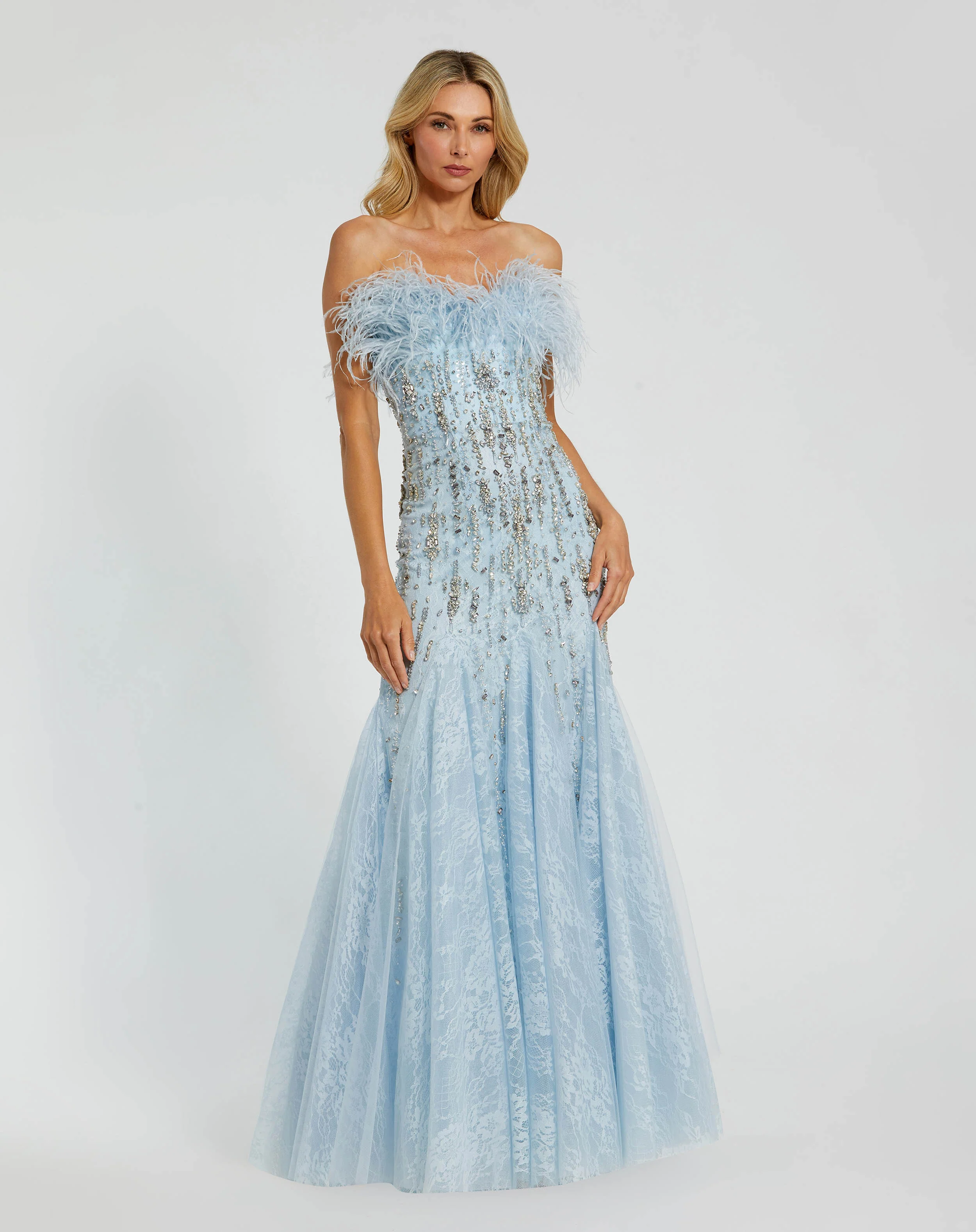 Blue Strapless Feather Embellished Mermaid Gown