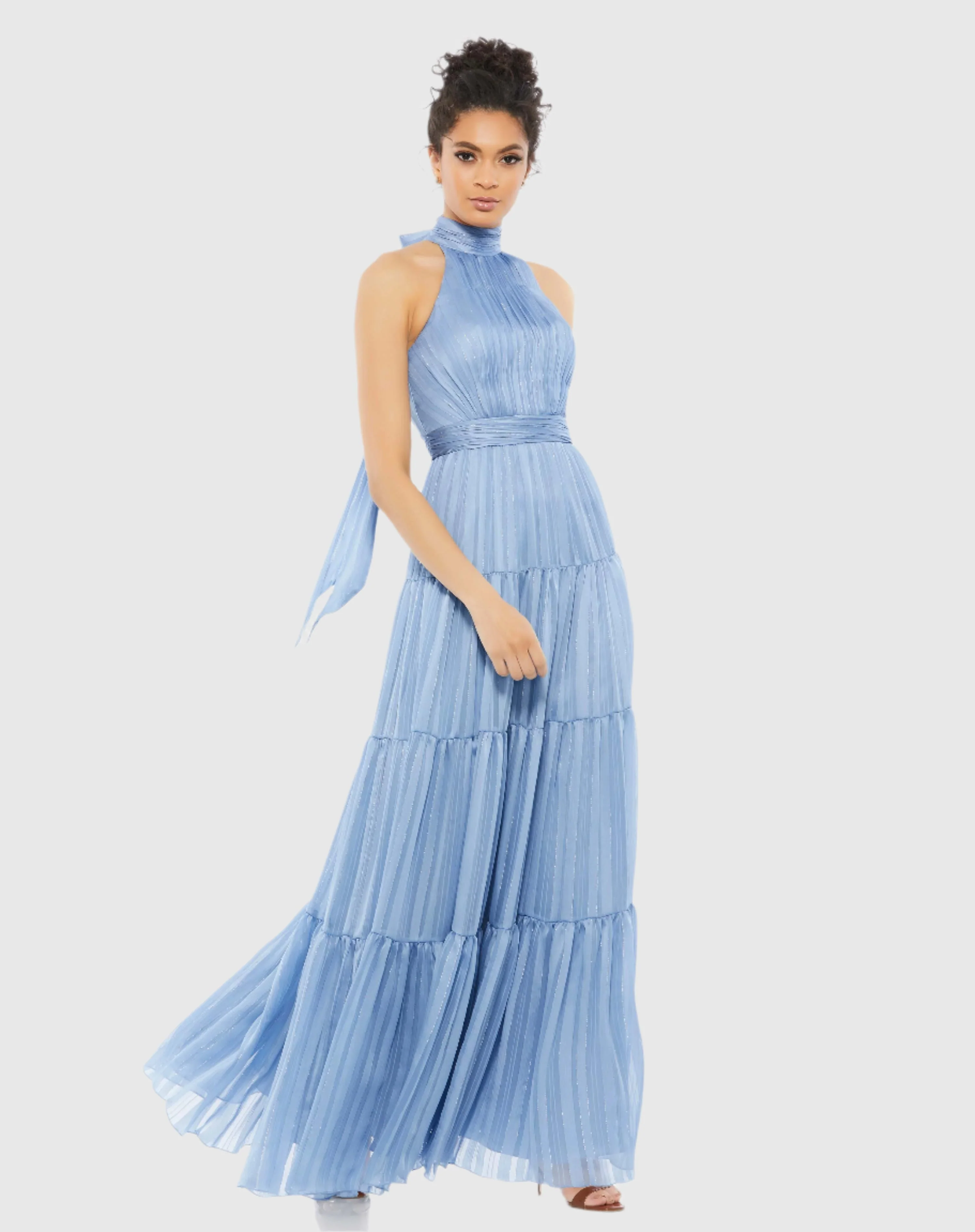 Blue Tie Halter Neck Tiered Gown