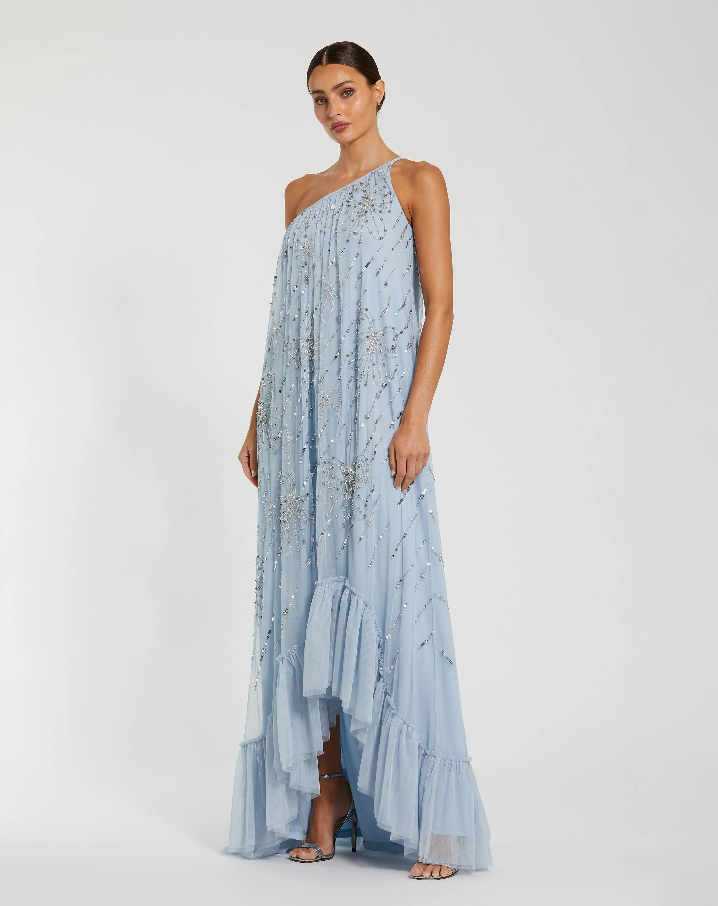 Blue Bow Embellished Mesh One Shoulder High Low Gown