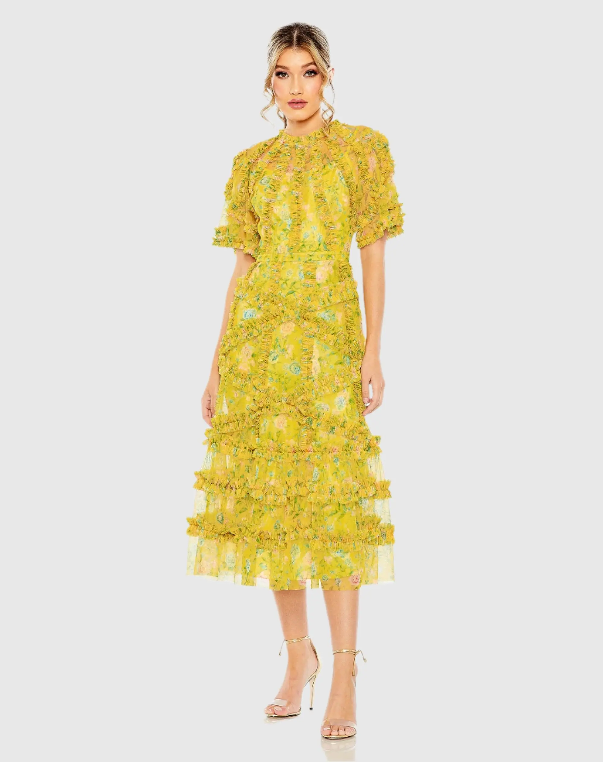 Yellow Floral Flutter Sleeve Mesh Print Dress