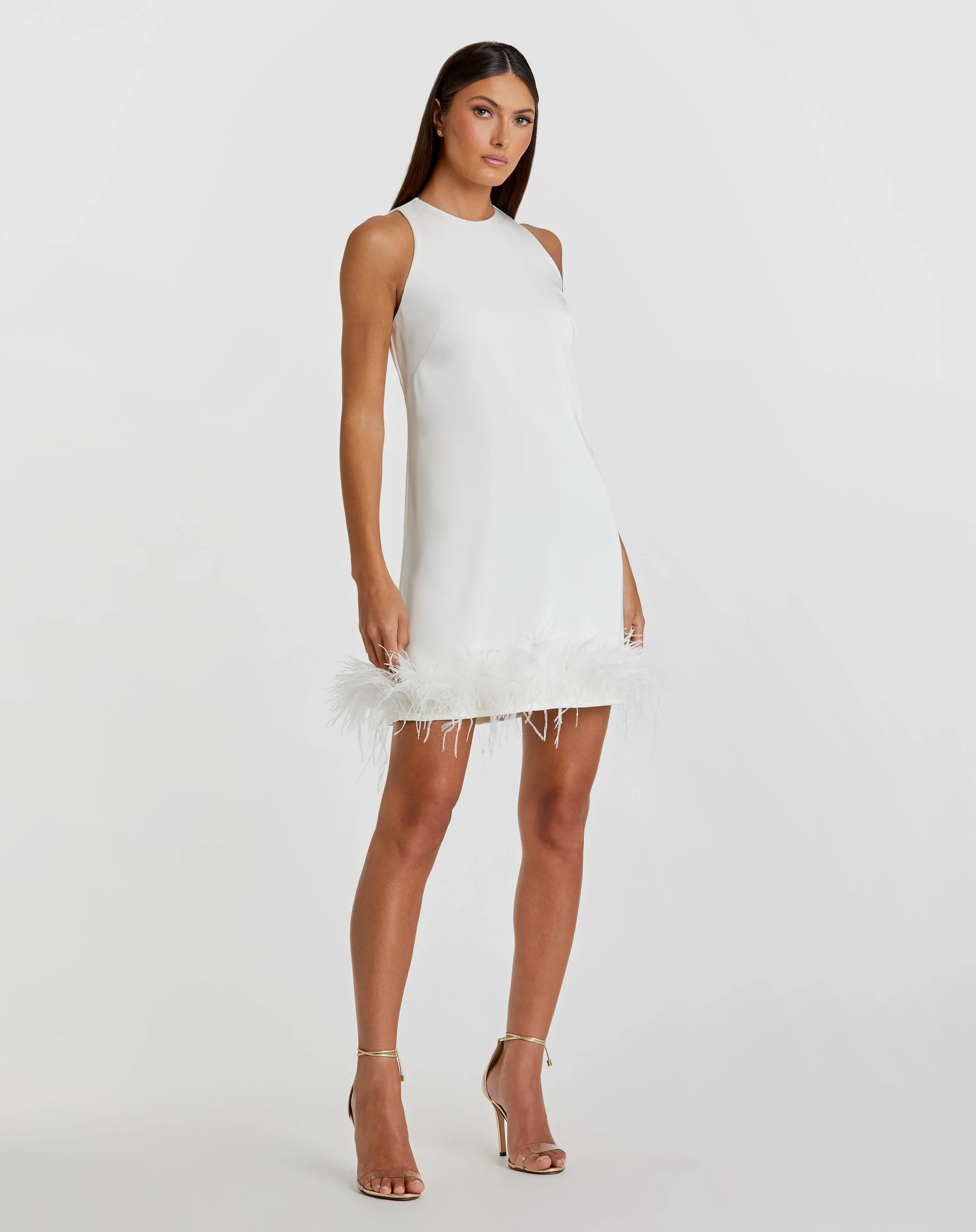 White Feathered Hem High Neck Sleeveless A Line Dress