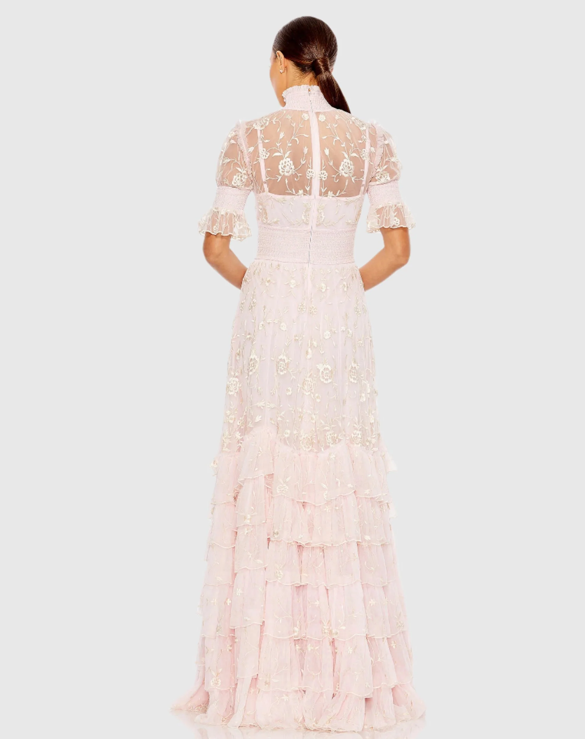 Pink Embroidered Floral Tiered Smock Neck Gown