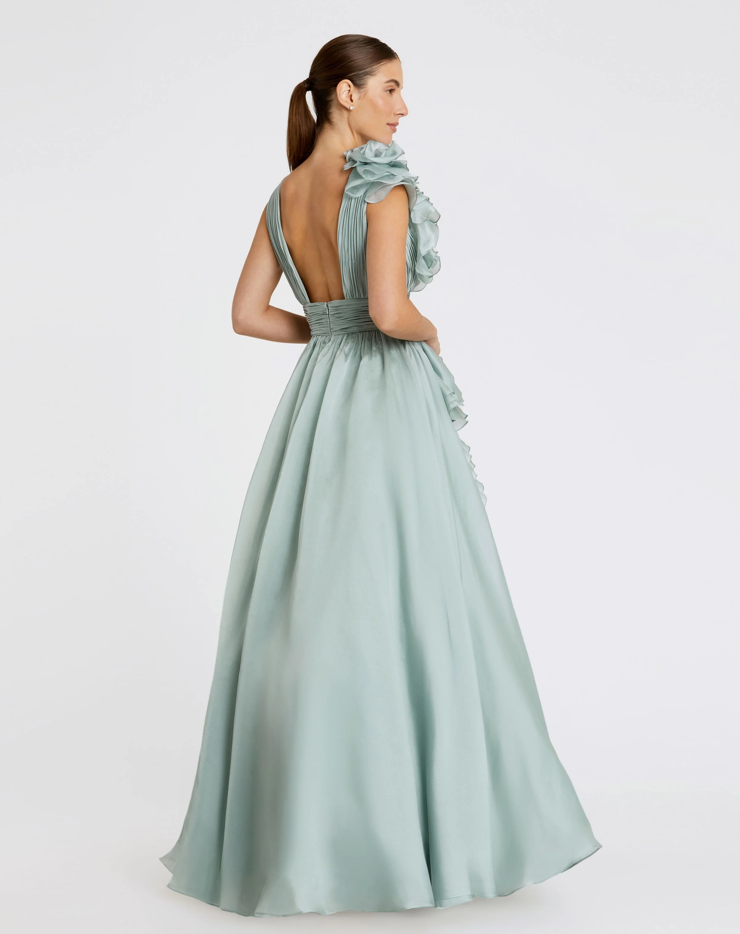 Green Ruffle Shoulder V-Neck Chiffon Gown
