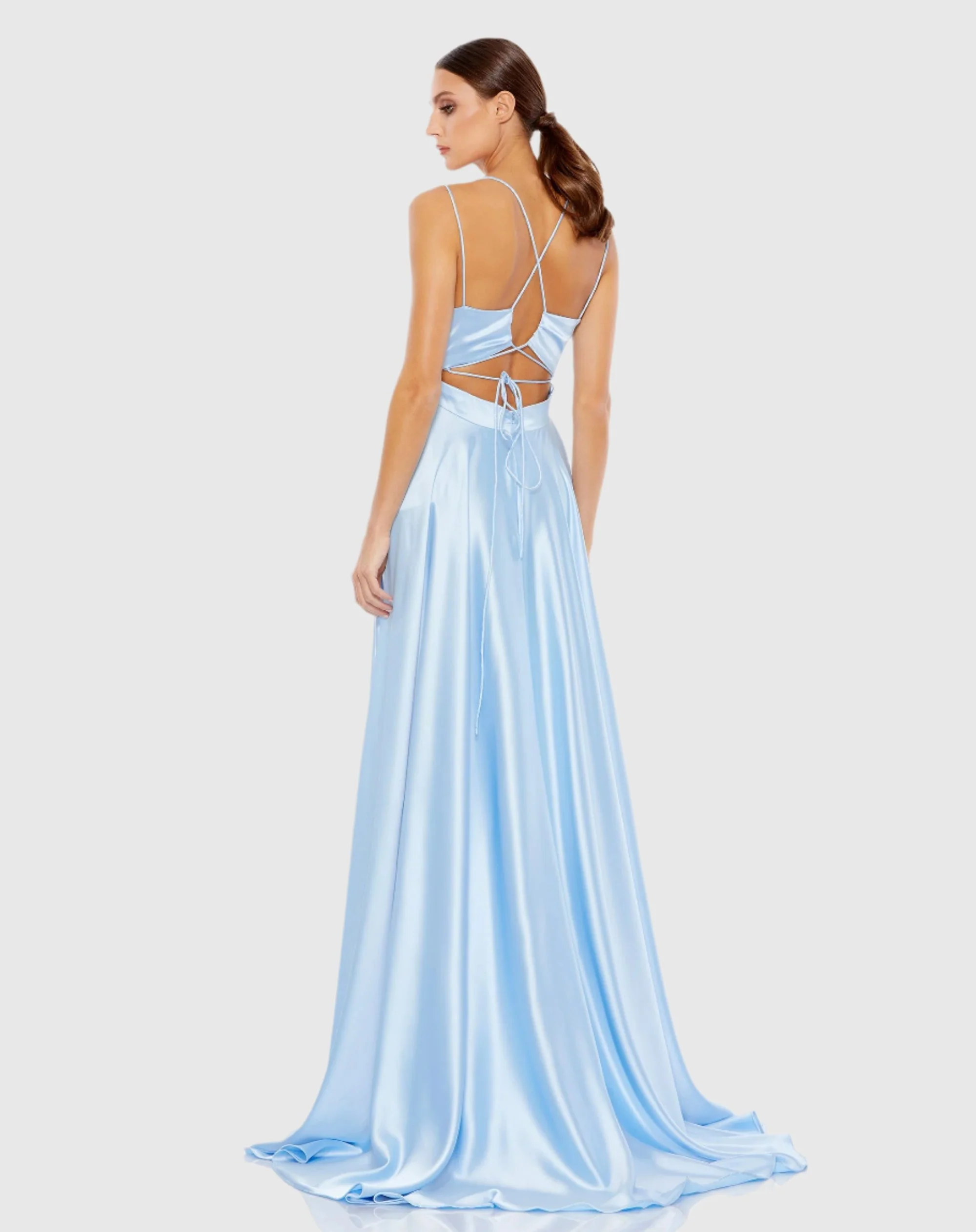 Blue Satin Strappy-Back High Slit Gown - FINAL SALE