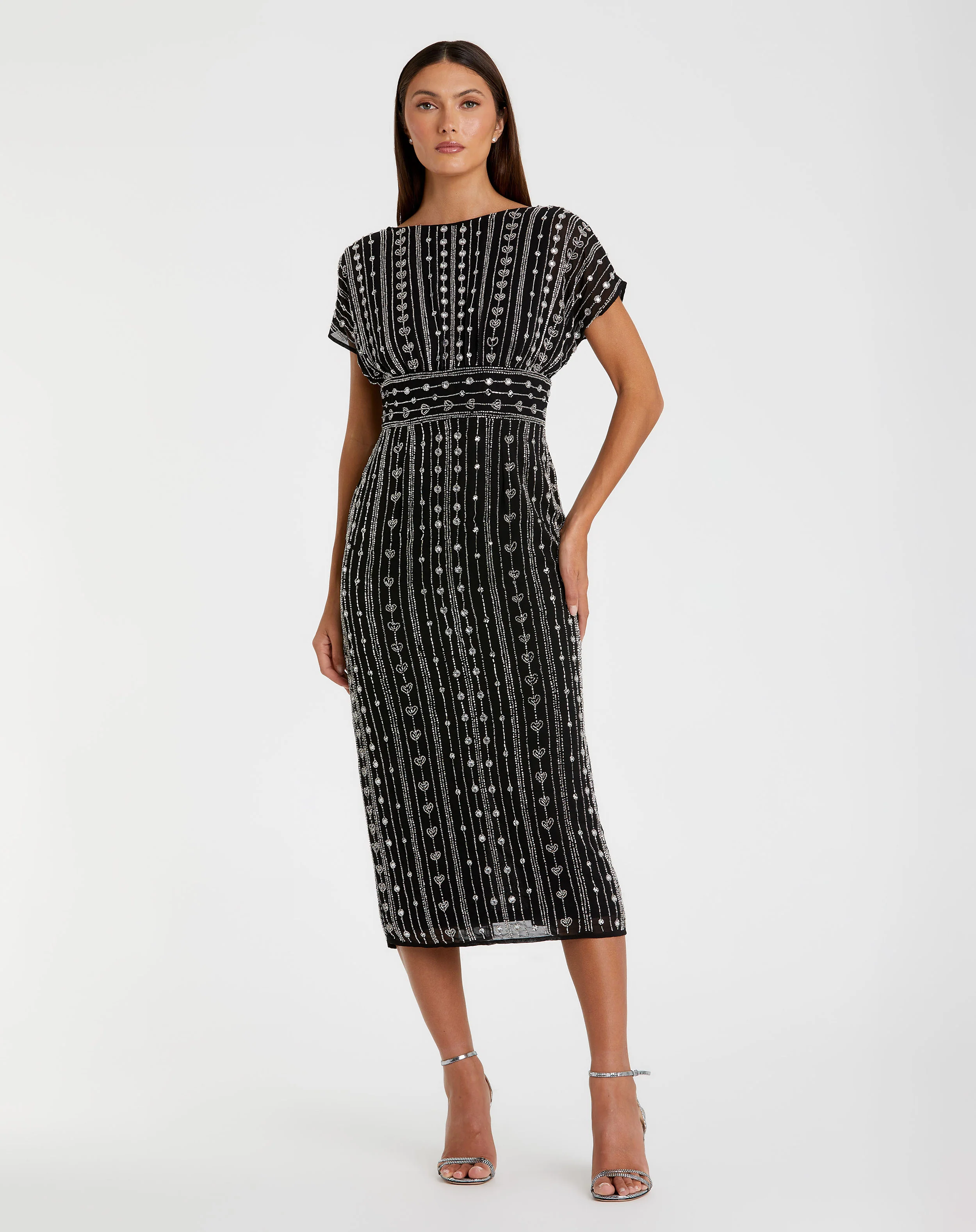 Black Beaded Cap Sleeve Column Midi Dress