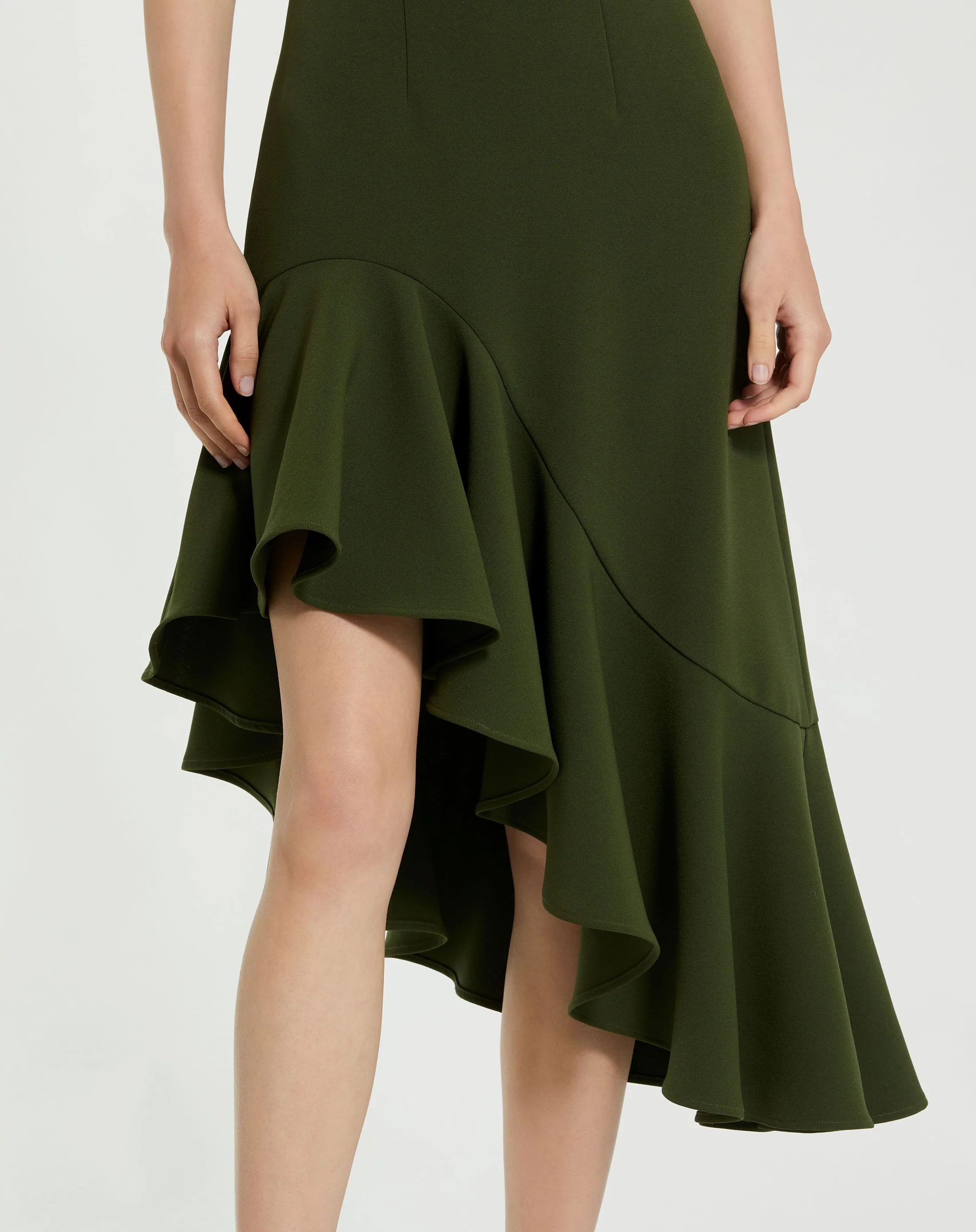 Green Crepe 3/4 Sleeve Asymmetrical Hem Dress